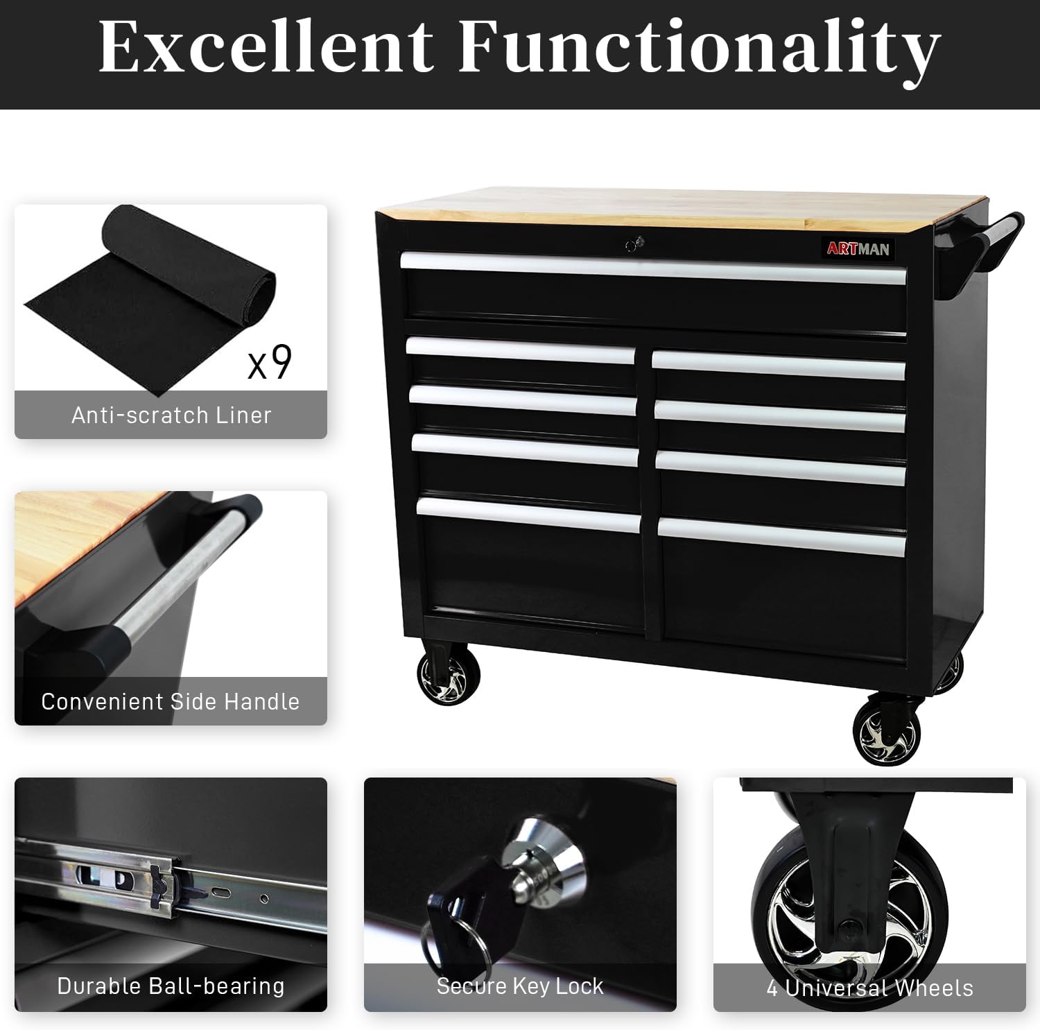 Heavy Duty Rolling Tool Chest with 9-Drawer Wood Top Tool Cart Mechanic Tool Box with Wheels Tool Storage Cabinet Mobile Workbench Tool Bench for Garage, Warehouse, Workshop, Repair Shop (Black)