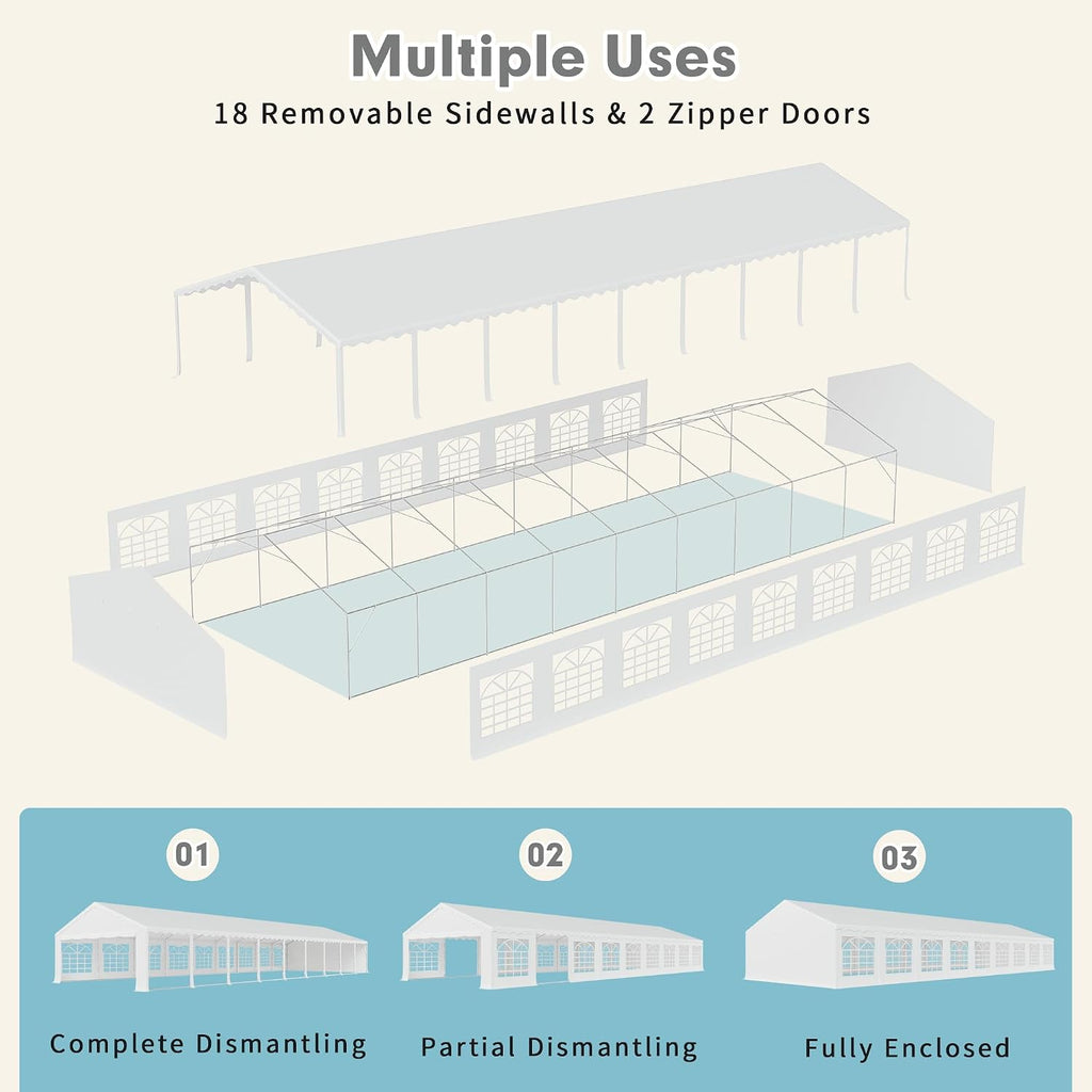 EROMMY 20x60FT Heavy Duty Party Tent, White Outdoor Wedding Canopy with Removable Sidewalls, 2 Roll-Up Doors & 5 Storage Bags, Large Event Shelter for Commercial or Backyard Use