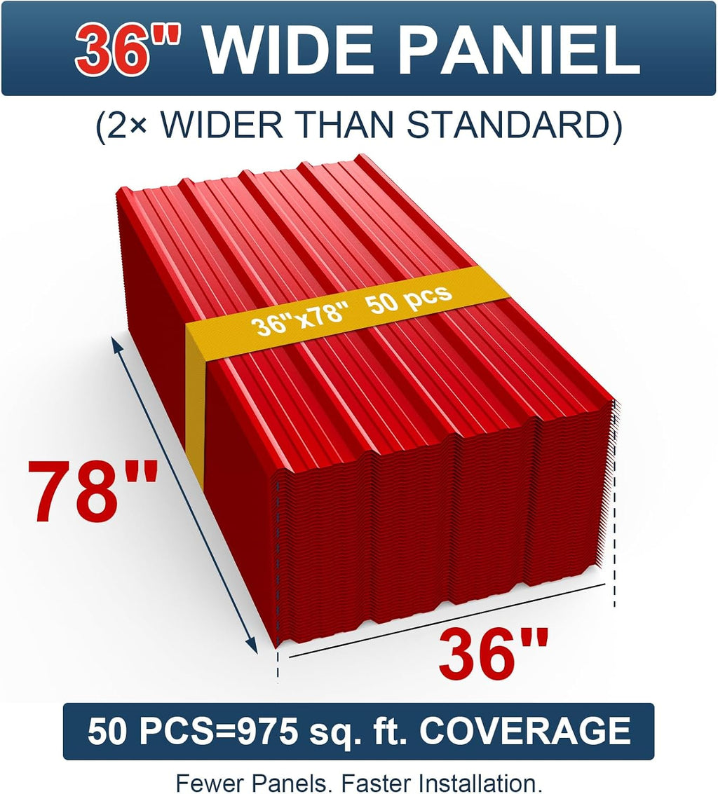 50 Pack PPGI Metal Roofing Panels, 78' x 36', 28 Gauge, 975 Sq. Ft. Coverage, Prepainted Galvanized Steel Sheets for Residential, Commercial, Pergolas, Gazebos, Fencing, and Patio Roofs（Red）