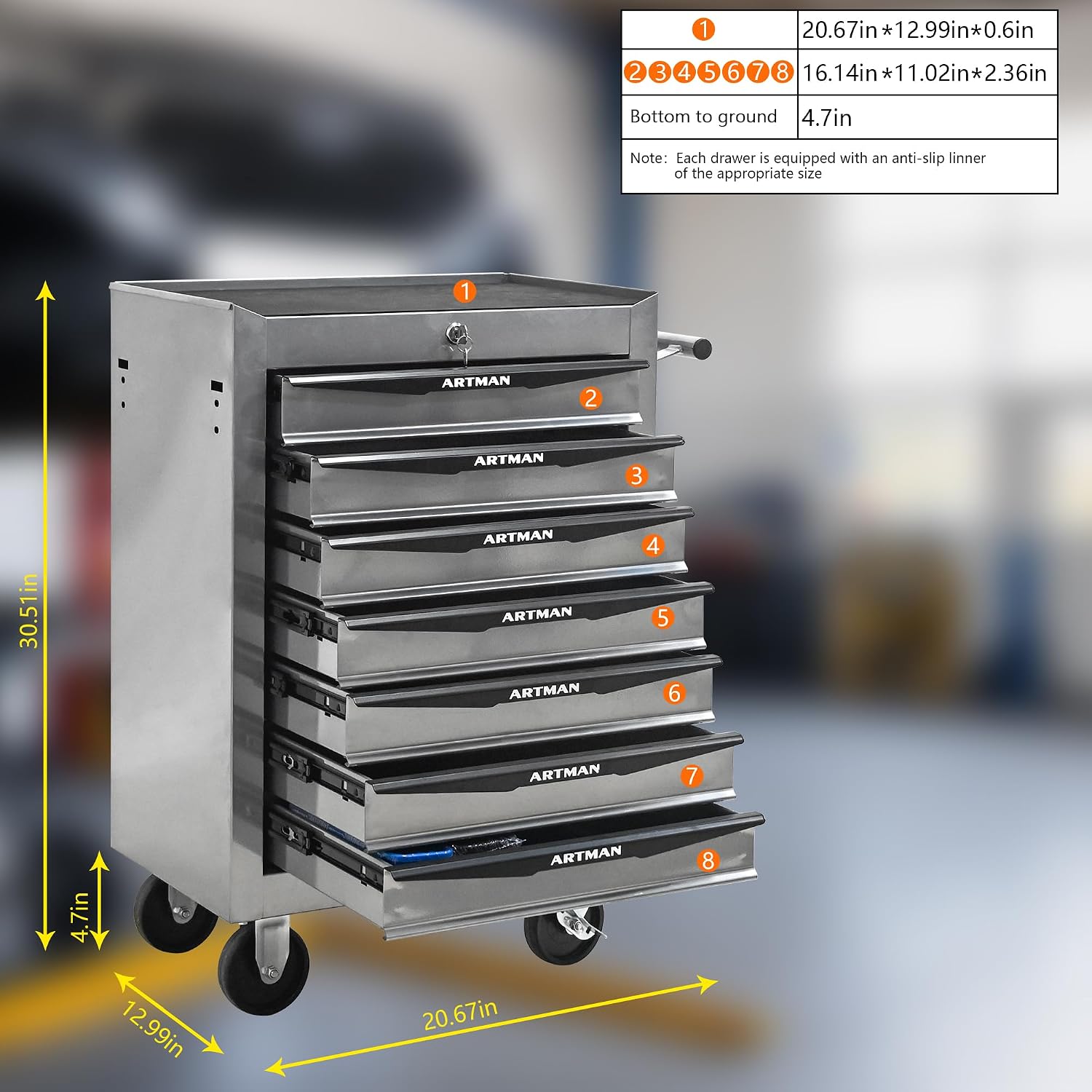 Rolling Tool Chest Cart with 7 Drawers,Storage Tool Cabinet on 4 Wheels. Lockable Tool Cart with Drawer Liners.Steel Tool Box Organizer for Garage,Repair Workshop-Silver