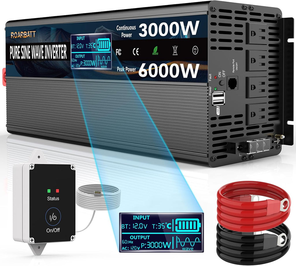 3000W Pure Sine Wave Power Inverter 12V DC to 110V/120V AC, 6000W Peak with Remote Control, 4 AC Outlets, Dual USB, LED Display, Heavy Duty Converter for RV, Truck, Solar System, Off-Grid & Emergency
