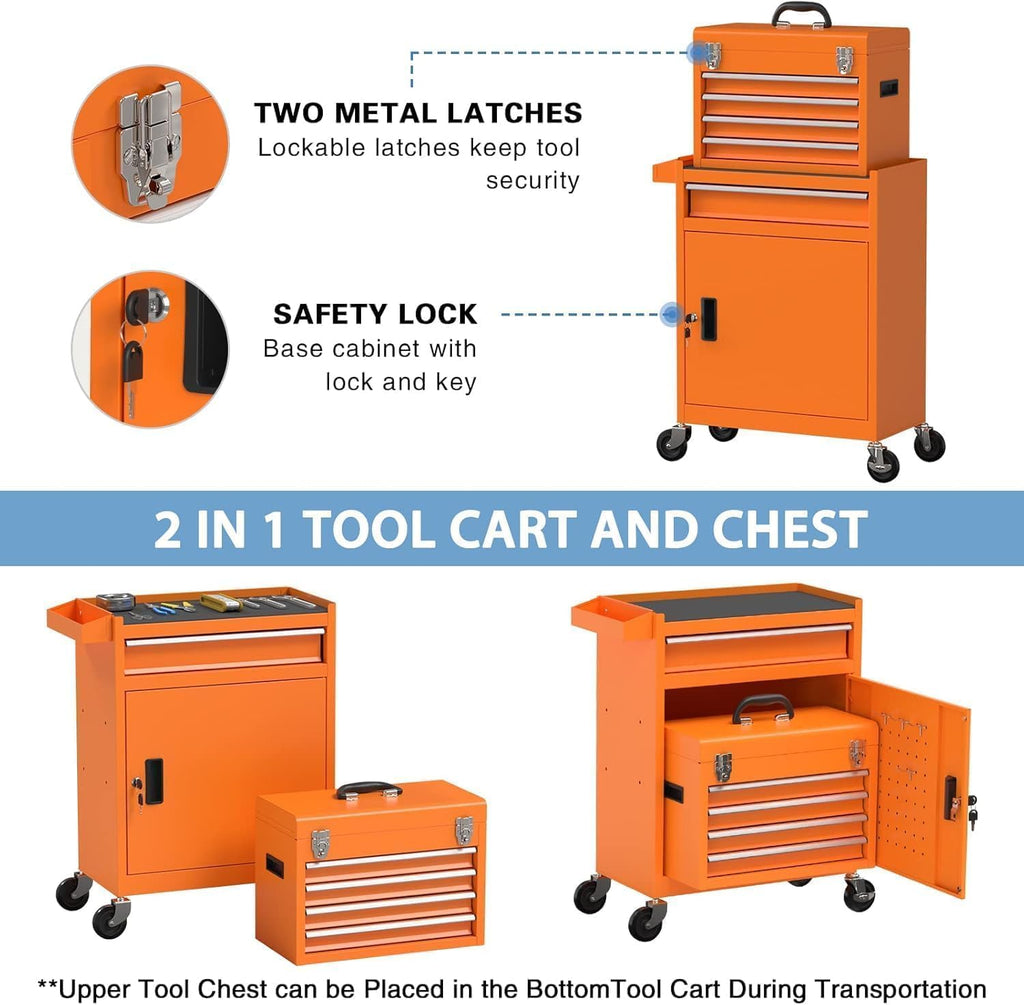 5-Drawer High Capacity Rolling Tool Chest, Removable Toolbox on Wheels Organizers, Lockable Tool Box Tool Storage Cabine with Drawers and Wheels for Workshop and Warehouse（5-Drawer, Orange）