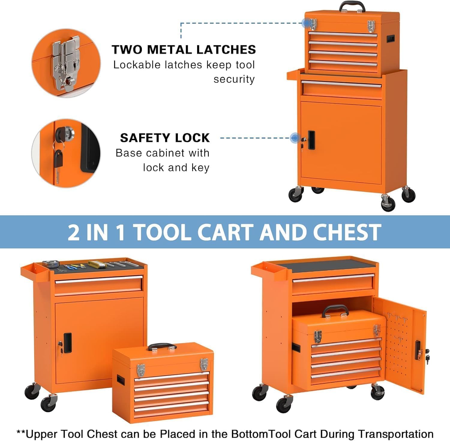 5-Drawer High Capacity Rolling Tool Chest, Removable Toolbox on Wheels Organizers, Lockable Tool Box Tool Storage Cabine with Drawers and Wheels for Workshop and Warehouse（5-Drawer, Orange）