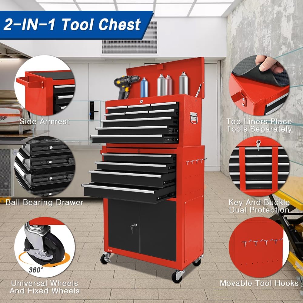13 Drawers Tool Chest with Wheels, Rolling Tool Organizer with Drawers, Metal Tool Cabinet for Garage, Workshop(Red-Black)