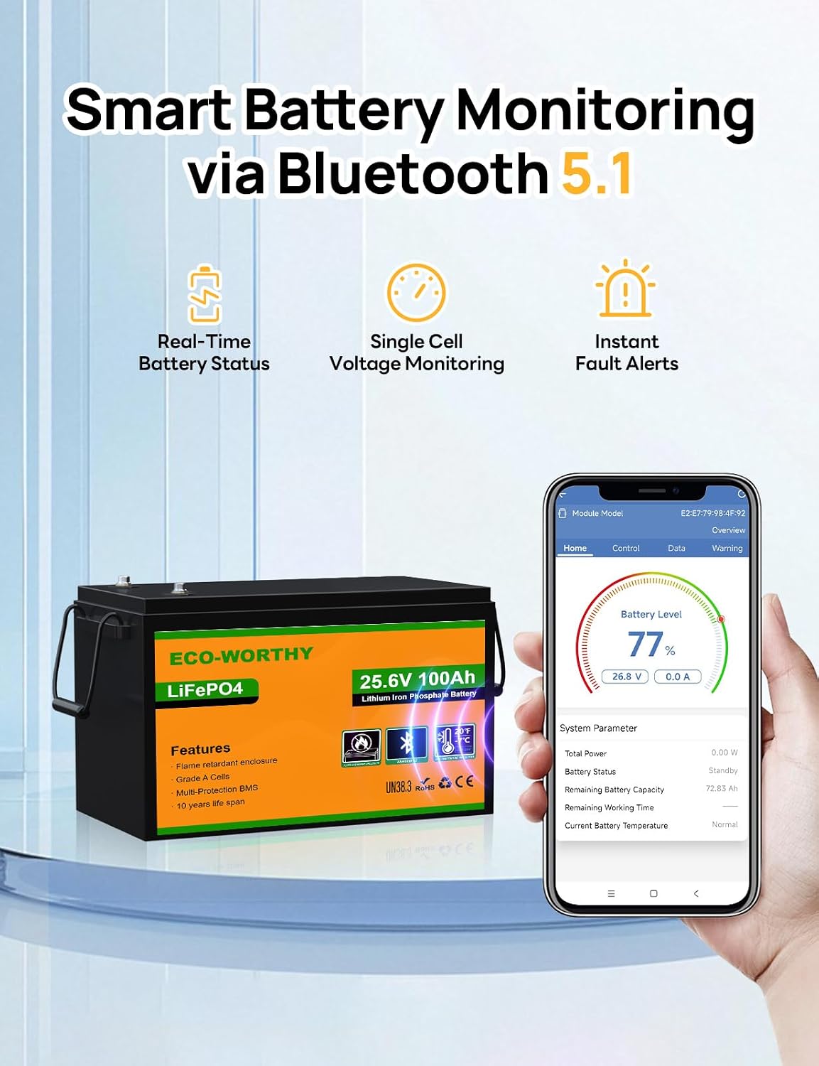 ECO-WORTHY 24V 100Ah LiFePO4 Lithium Battery, Upgraded Bluetooth Version, Deep Cycle Rechargeable Battery with Low-Temp Protection, 2560W Max for Off-Grid Solar, RV, Camper, Trolling Motor, Home Use