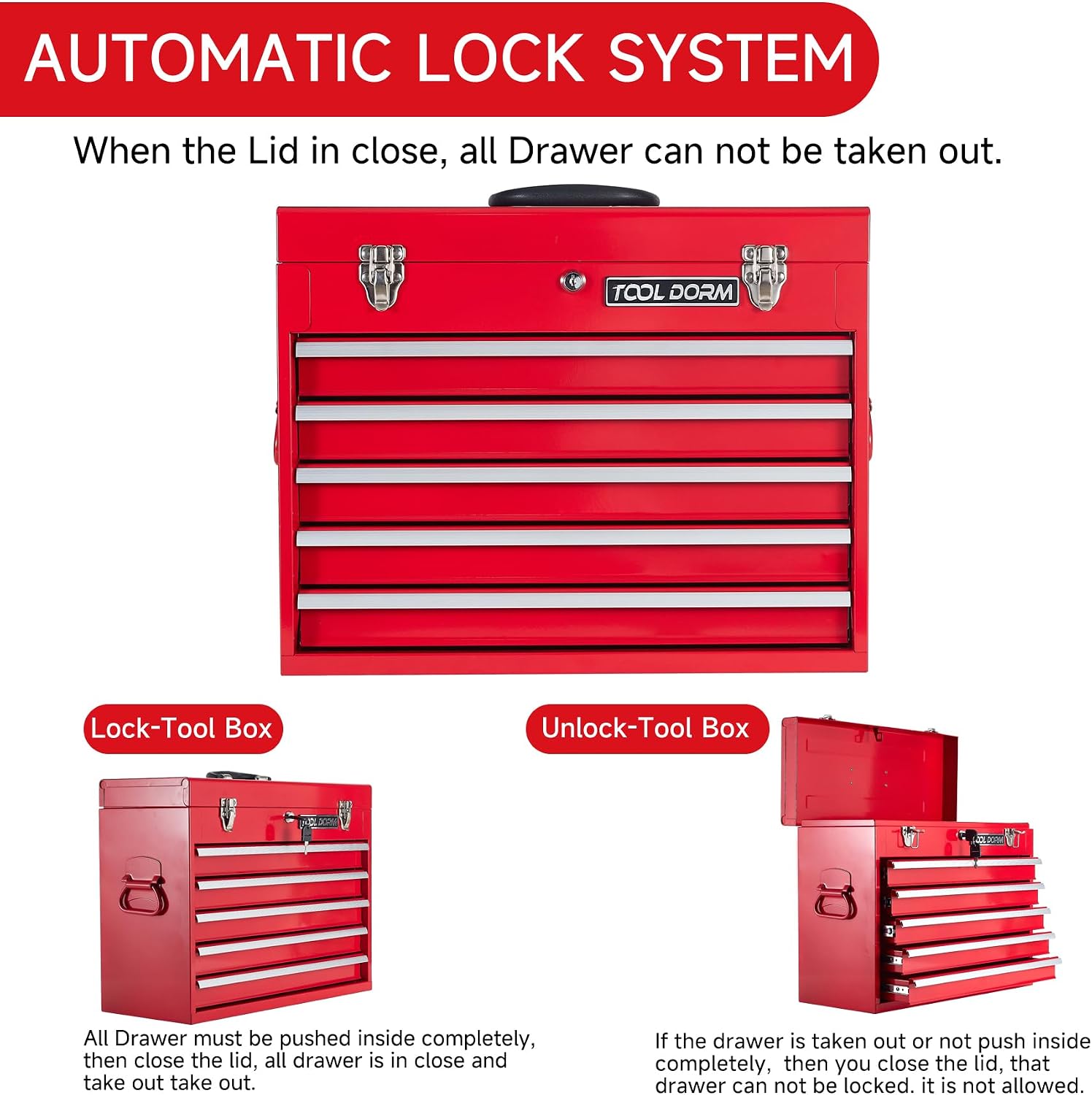 Metal Tool Box with 5 Drawers Portable Steel Tool Chest with Metal Cylinder Lock and Latch Closure, Liner, Red Powder coating, suitable for Garage, Warehouse and Outdoor Repair job