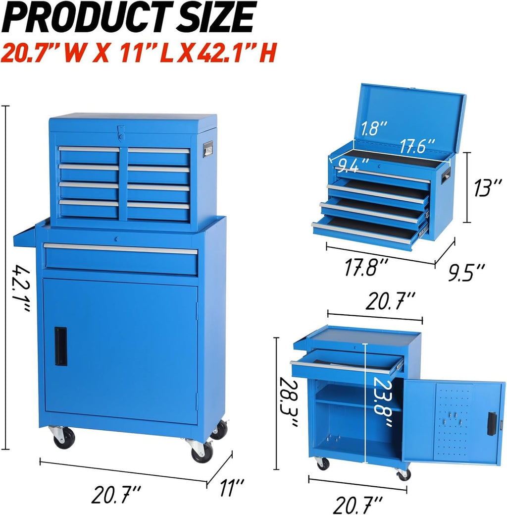 Tool Chest, 5-Drawers Rolling Tool Storage Cabinet with Detachable Top, Lockable Wheels, Adjustable Shelf & Locking Mechanism, Multifunctional Tool Cart for Garage Workshop, Blue