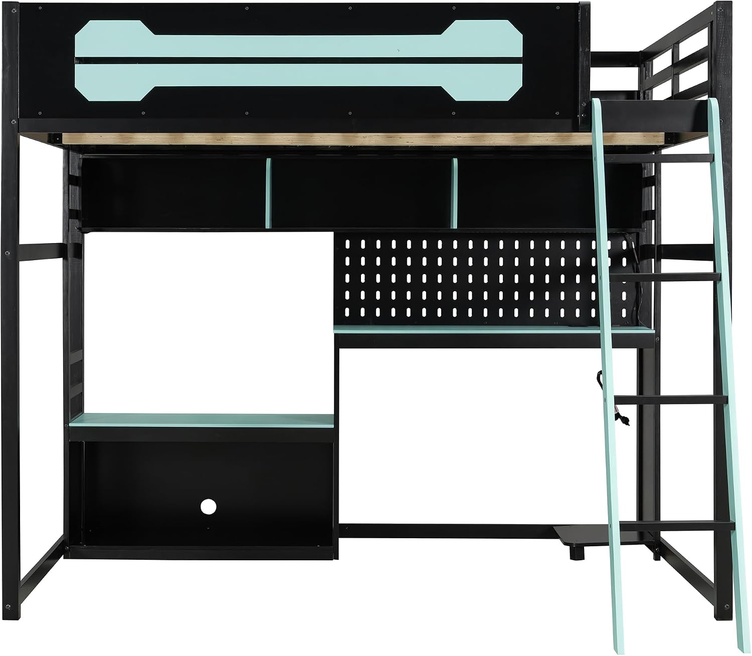 Harper & Bright Designs Full Size Wood Gaming Loft Bed with Desk and Storage Shelves, Modern Low Loft Bed Frame with LED Lights, USB Ports and Pegboard for Kids Teens Adults, Black+Blue