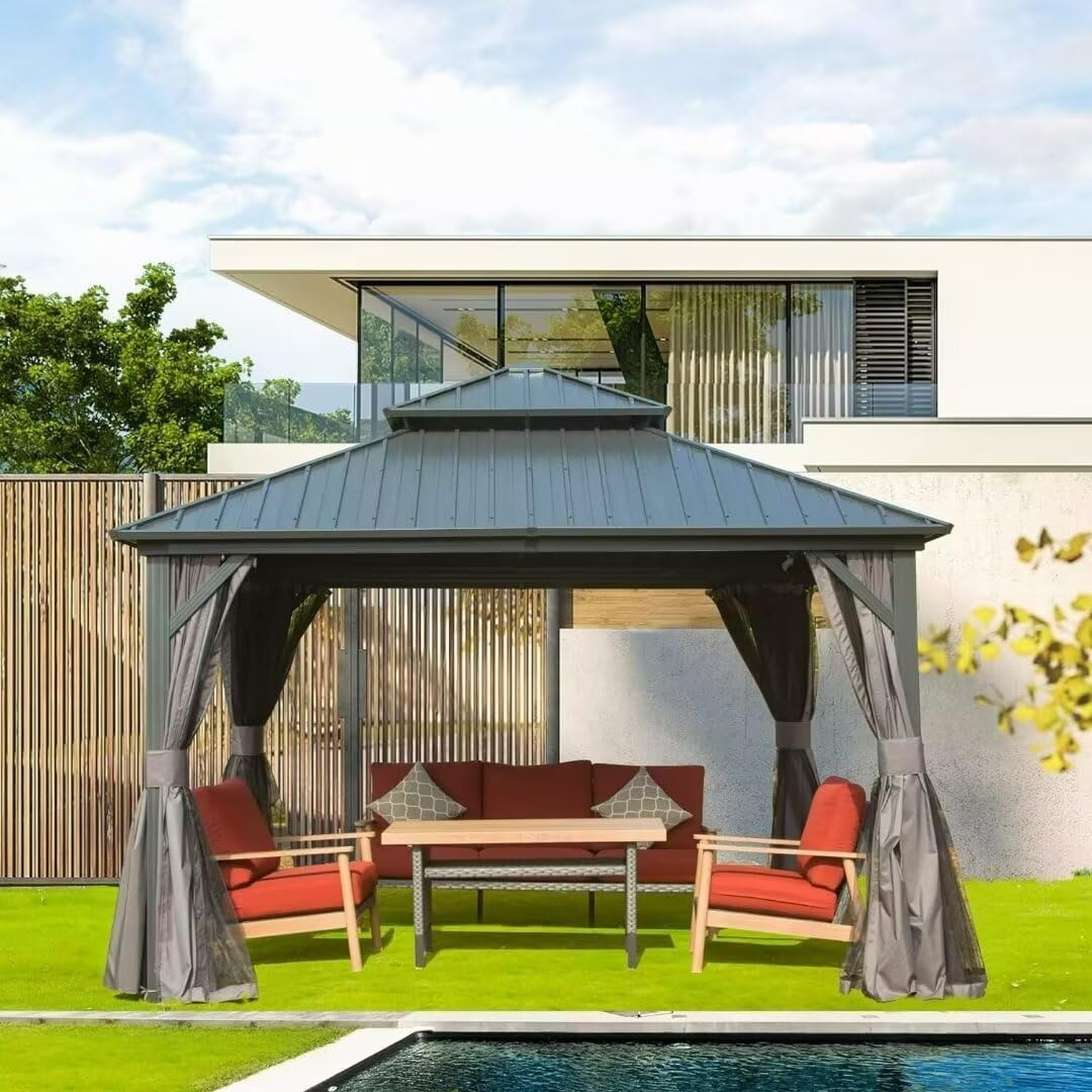 Domi 12x12FT Outdoor Gazebo, Patio Gazebo with Galvanized Steel, Hardtop Gazbo for Patio, Deck, Backyard, Curtain and Netting Included