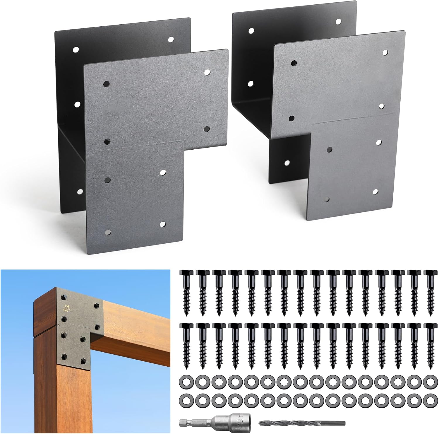 2 Pack 6x6 Post Anchor Connector, Heavy Stainless Steel End Post Cap Tie Brackets for Decks, Porches, Gazebos, etc Wood Post and Beam Anchor Connector (Black)