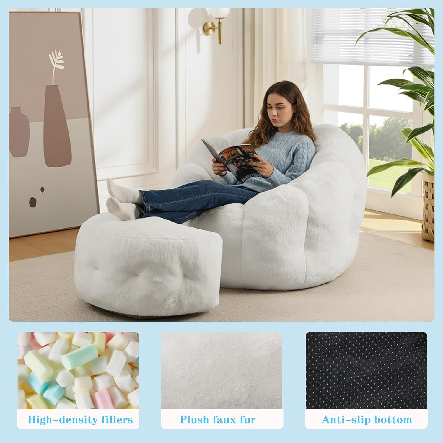 Bean Bag Chair with Ottoman, Flower Shape Bean Bag Chairs for Adults and Teens, Comfy Plush Faux Fur Bean Bags for Living Room, Bedroom, Apartment, Dorm, White