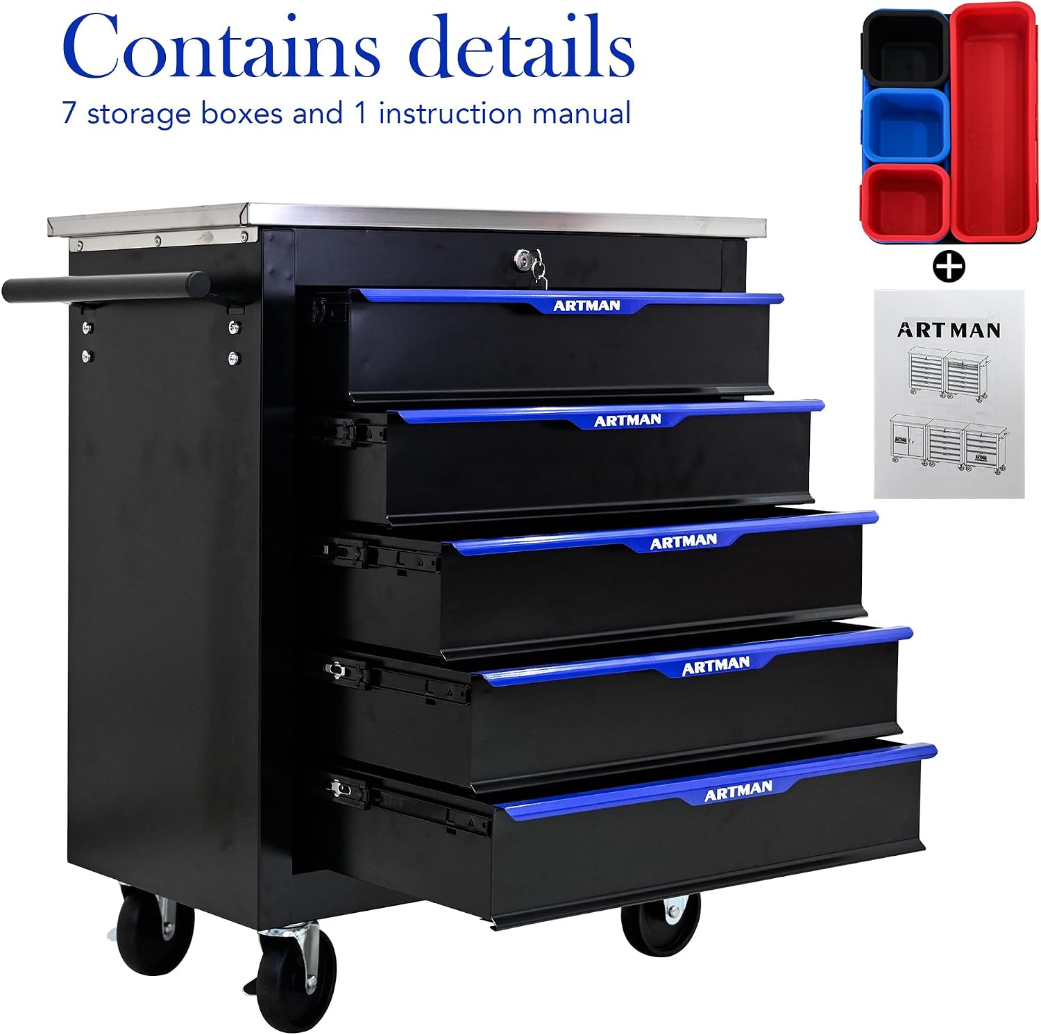 5 Drawers Rolling Tool Chest Cart PLUS ,Tool Storage Cabinet With 4 Wheels.Tool Cabinet Trolley With Locking System and Stainless Steel Countertops.Tool Storage Cart for Garage,Workshop,Warehouse