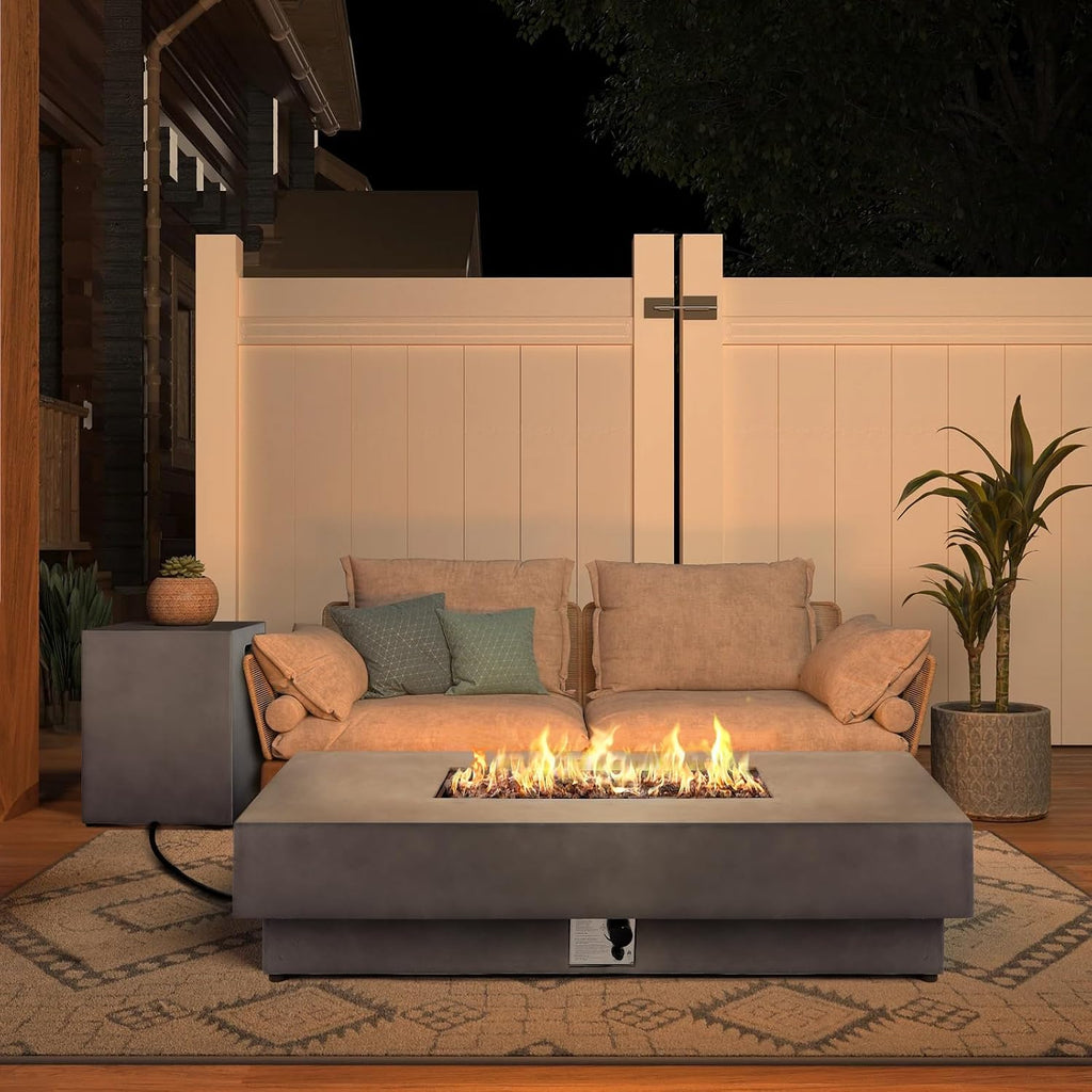 60-inch Fire Pit Table w/Tank Cover, 2-Piece Outdoor Propane/Natural Gas Firepit for Outside Patio, Included SUS201 Rectangle Burner, Auto-Ignition, Metal Lid, Rain Cover（50,000 BTU, Grey）