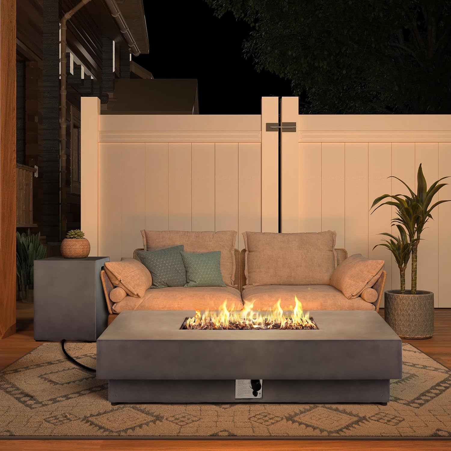 60-inch Fire Pit Table w/Tank Cover, 2-Piece Outdoor Propane/Natural Gas Firepit for Outside Patio, Included SUS201 Rectangle Burner, Auto-Ignition, Metal Lid, Rain Cover（50,000 BTU, Grey）
