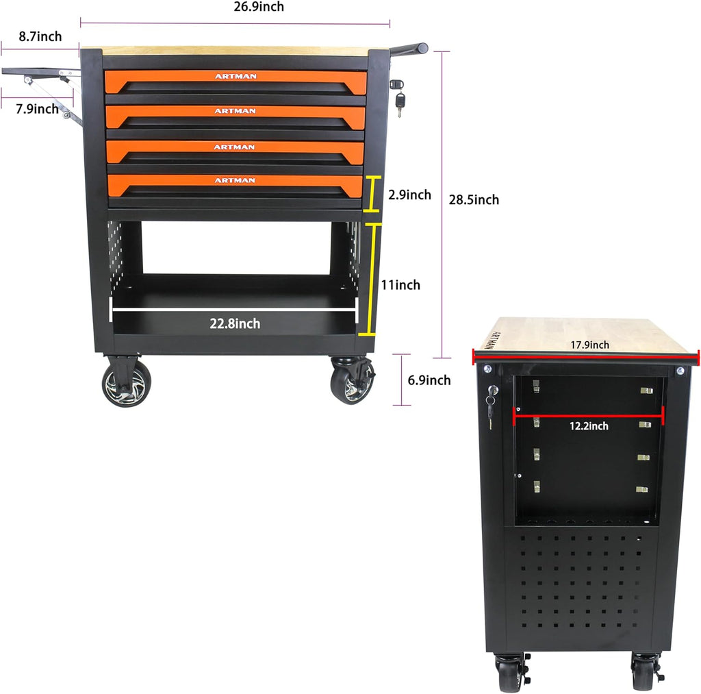 4 Drawers Tool Chest on Wheels,Tool Storage Cart with Wooden Top,Drawers Rolling Tool Box Organizer Tool Case with Lock for Garage,Warehouse,Workshop,Repair Shop (4 Drawers-35.4'H-Black&Orange)