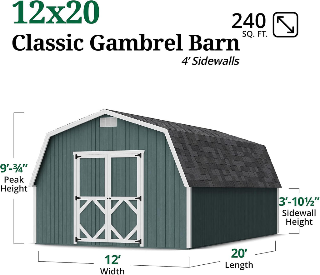 Little Cottage Co. 12x20 Classic Gambrel Barn with 4 ft. Sidewalls with Floor, Outdoor Wood Storage Shed Do-It-Yourself Precut Kit