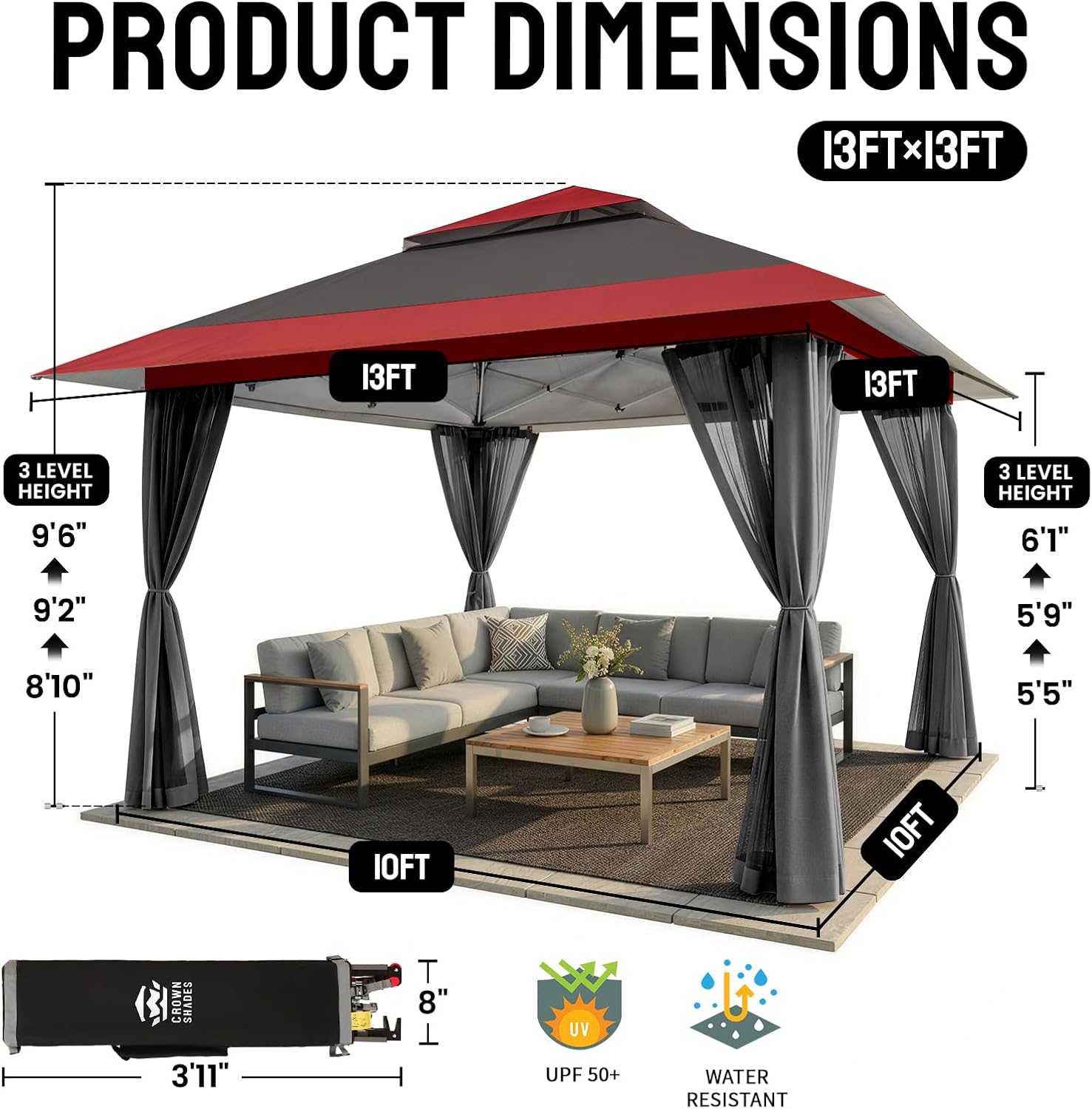CROWN SHADES 13x13 Pop Up Gazebo, Canopy Tent, Gazebos on Clearance - Outdoor Gazebo for Backyard & Patio Furniture - Carpa Pop Up Tent with Wheeled STO-N-Go Cover Bag (Red & Grey)
