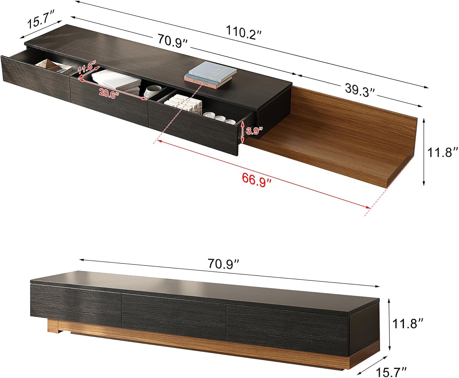 Telescoping TV Cabinet 70.9 to 110.2 Inch Entertainment Center Fits 85 Inch TV with 3 Drawer Media Cabinet Farmhouse Living Room Bedroom Organizer