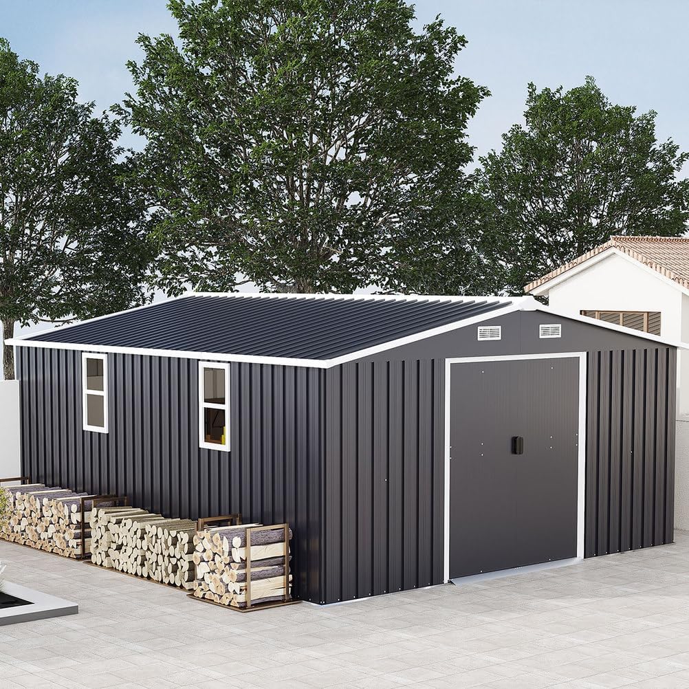 10x12 FT Outdoor Storage Shed, Extra Large Metal Garden Shed with Lockable Doors, Windows & Air Vents, Heavy-Duty Steel Backyard Utility Shed for Tools, Lawn Equipment, Motorcycles, Bikes, Patio,Gray