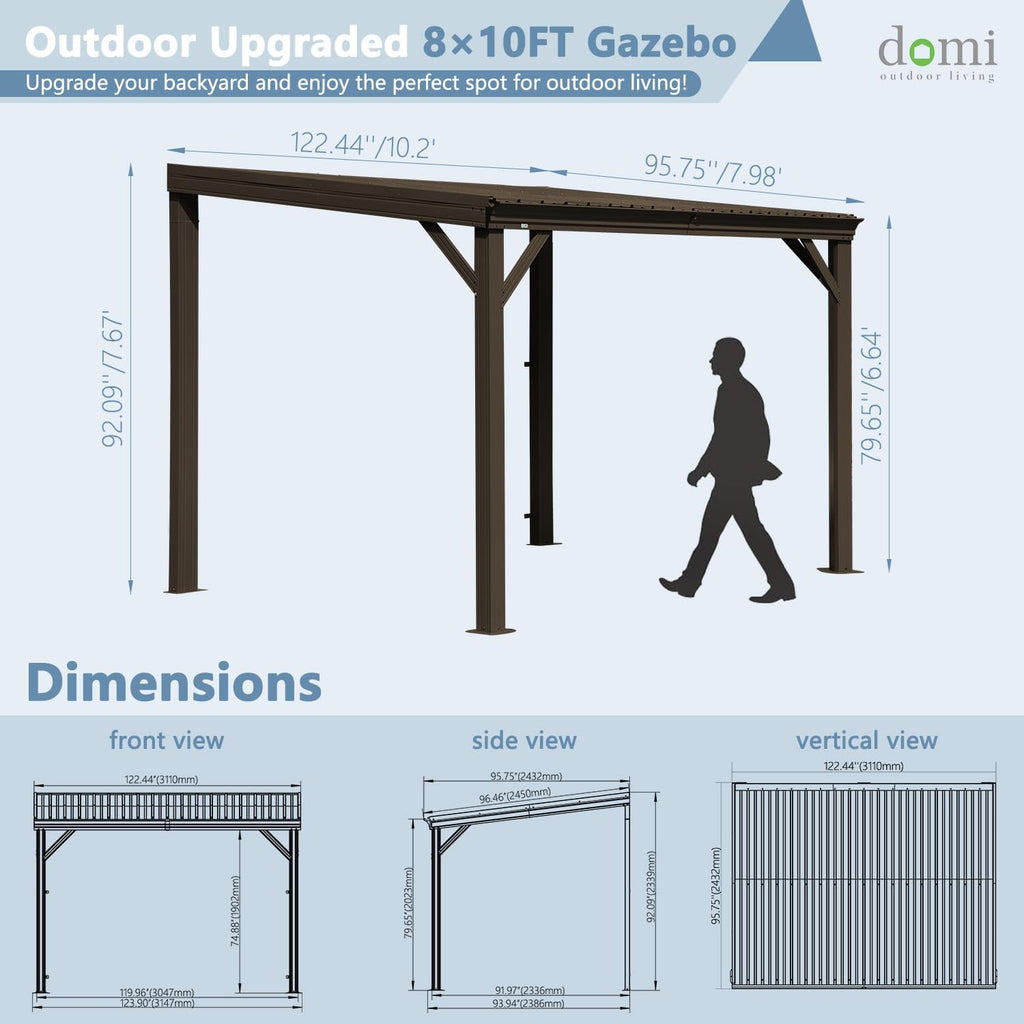 Domi 8'x10' Wall-Mounted Hardtop Gazebo Pergola – Permanent Lean-to Outdoor Shelter with Sloped Galvanized Steel Roof & Upgraded Drainage – Grey Metal Patio Cover for Backyard, Deck, Garden,Brown