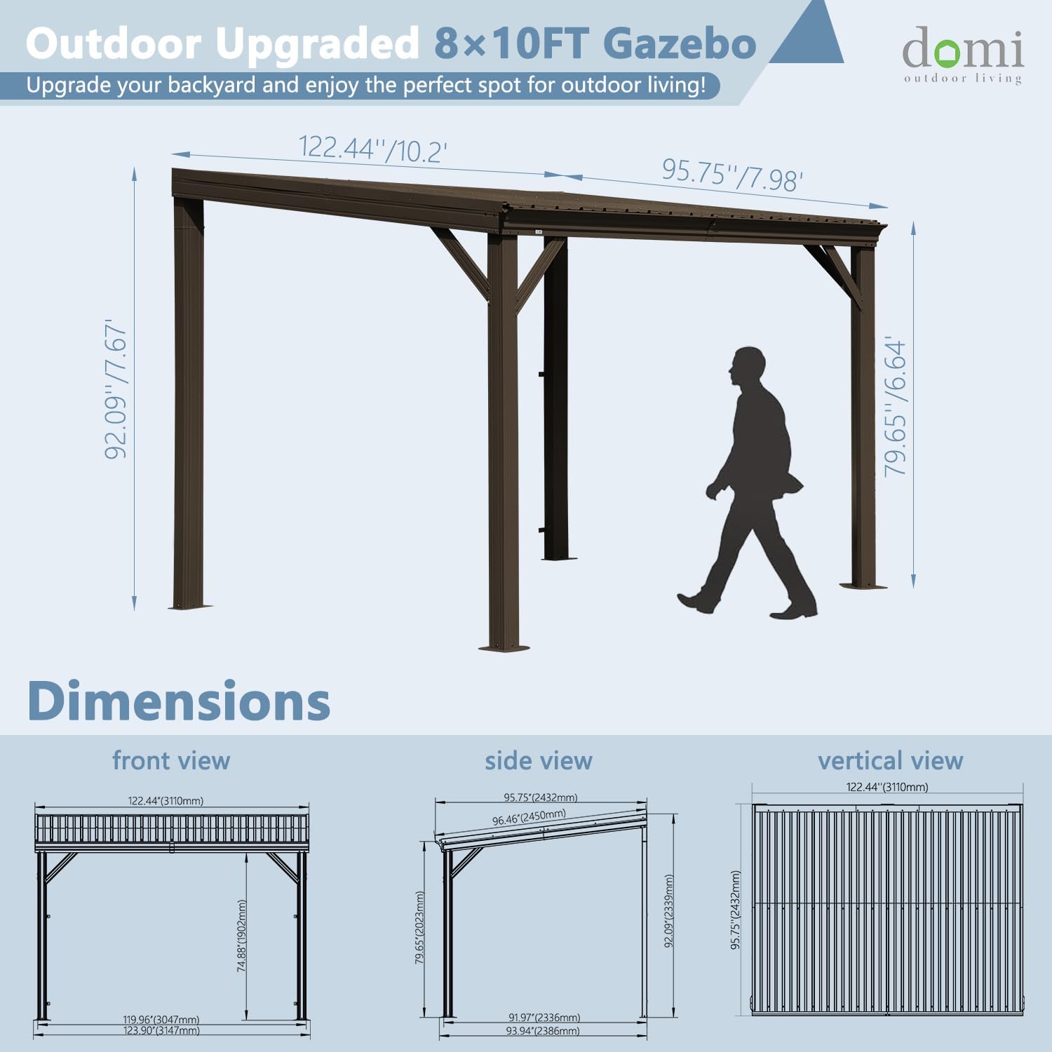 Domi 8'x10' Wall-Mounted Hardtop Gazebo Pergola – Permanent Lean-to Outdoor Shelter with Sloped Galvanized Steel Roof & Upgraded Drainage – Grey Metal Patio Cover for Backyard, Deck, Garden,Brown