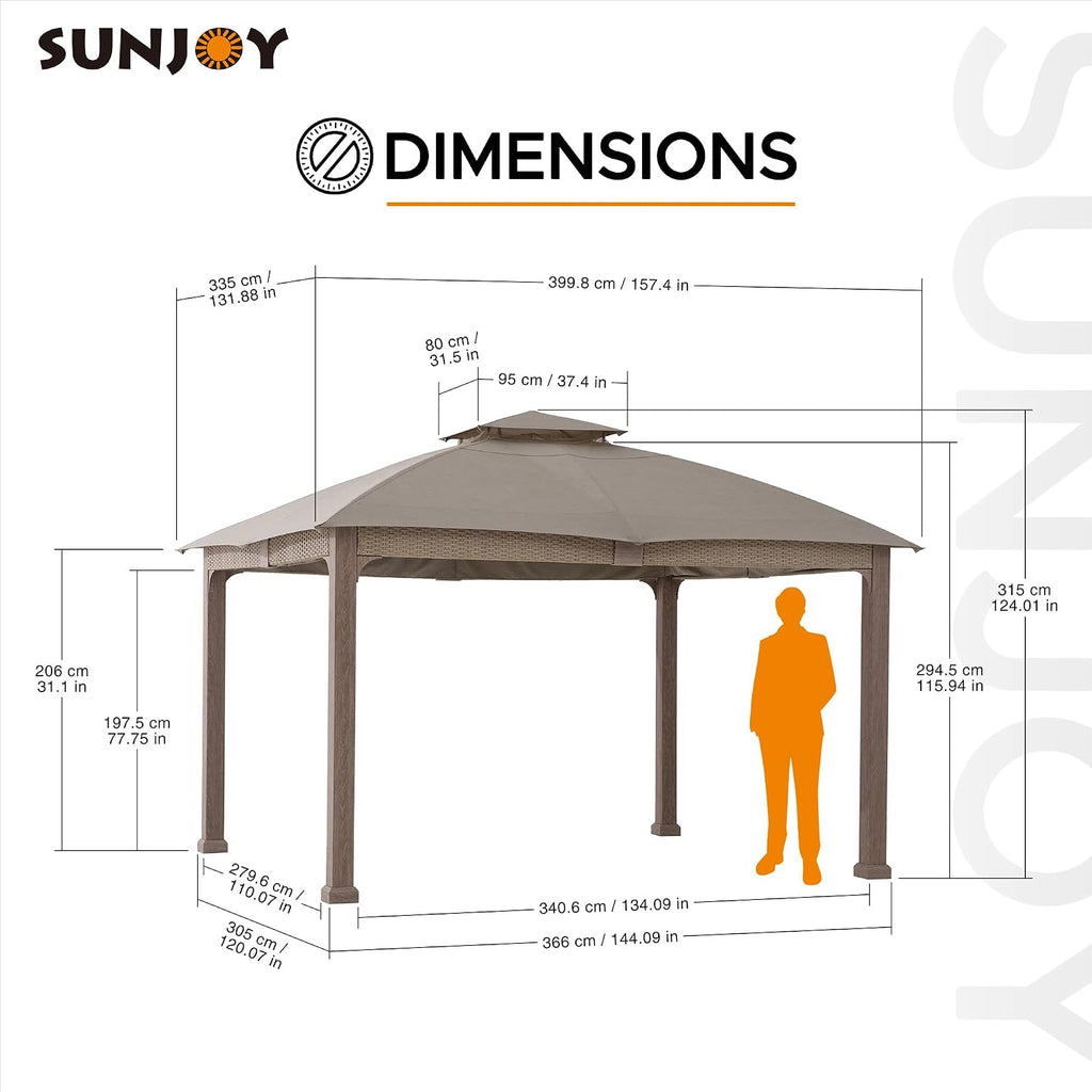 Sunjoy 11 ft. x 13 ft. Gazebo with Sunbrella Shade Fabric Canopy Roof, Outdoor Patio Steel Frame 2-Tier Soft Top Gazebo with All Aluminum Posts,5 Years Non-Fading Burlywood
