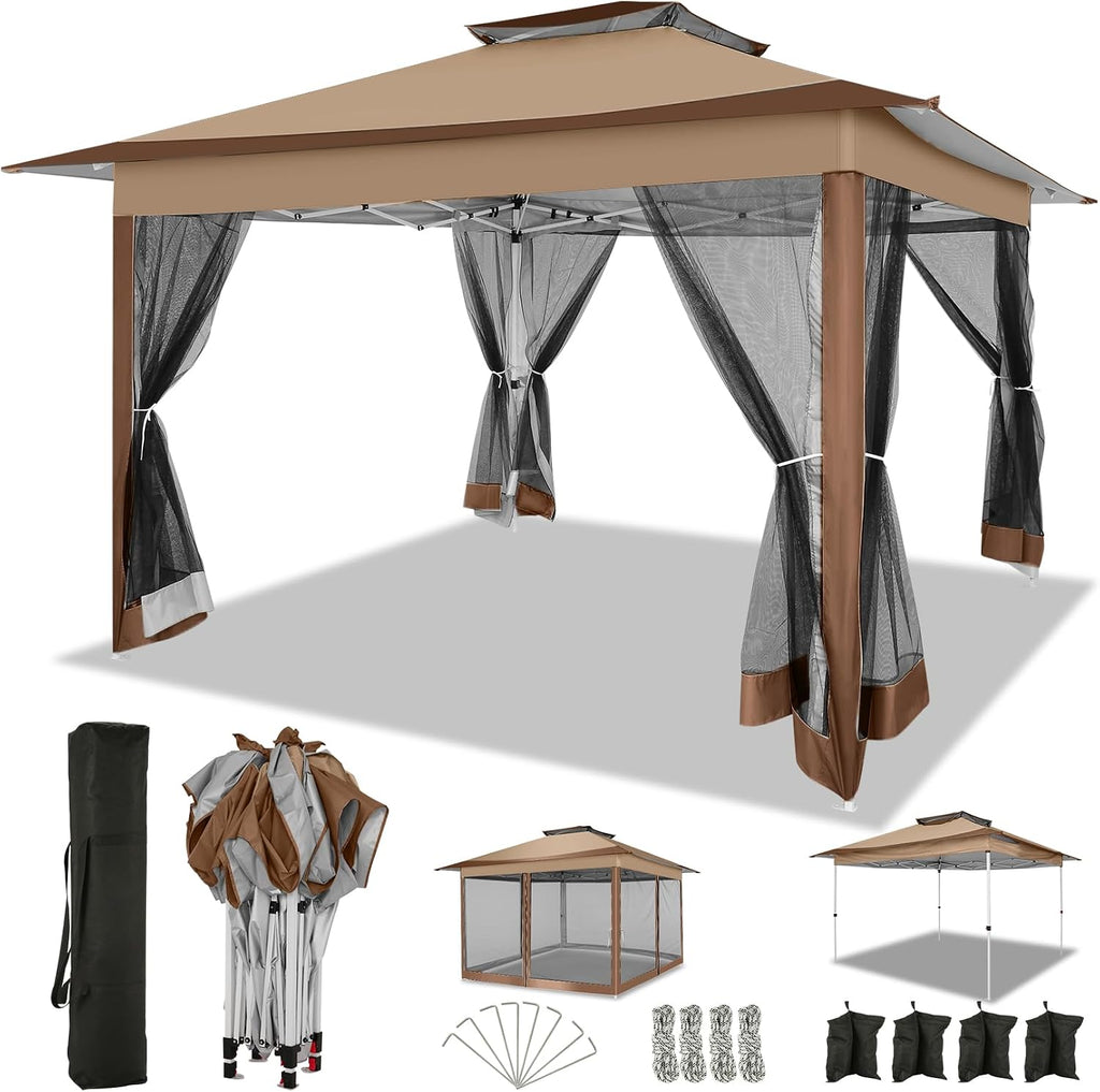 COBIZI 12x12 FT Pop up Gazebo on Clearance Canopy Tent, Carpas para Patio, Easy up Outdoor Canopy Tents with Portable Storage Bag for Backyard, Outdoor Waterproof Gazebos for Garden,Camping, Brown