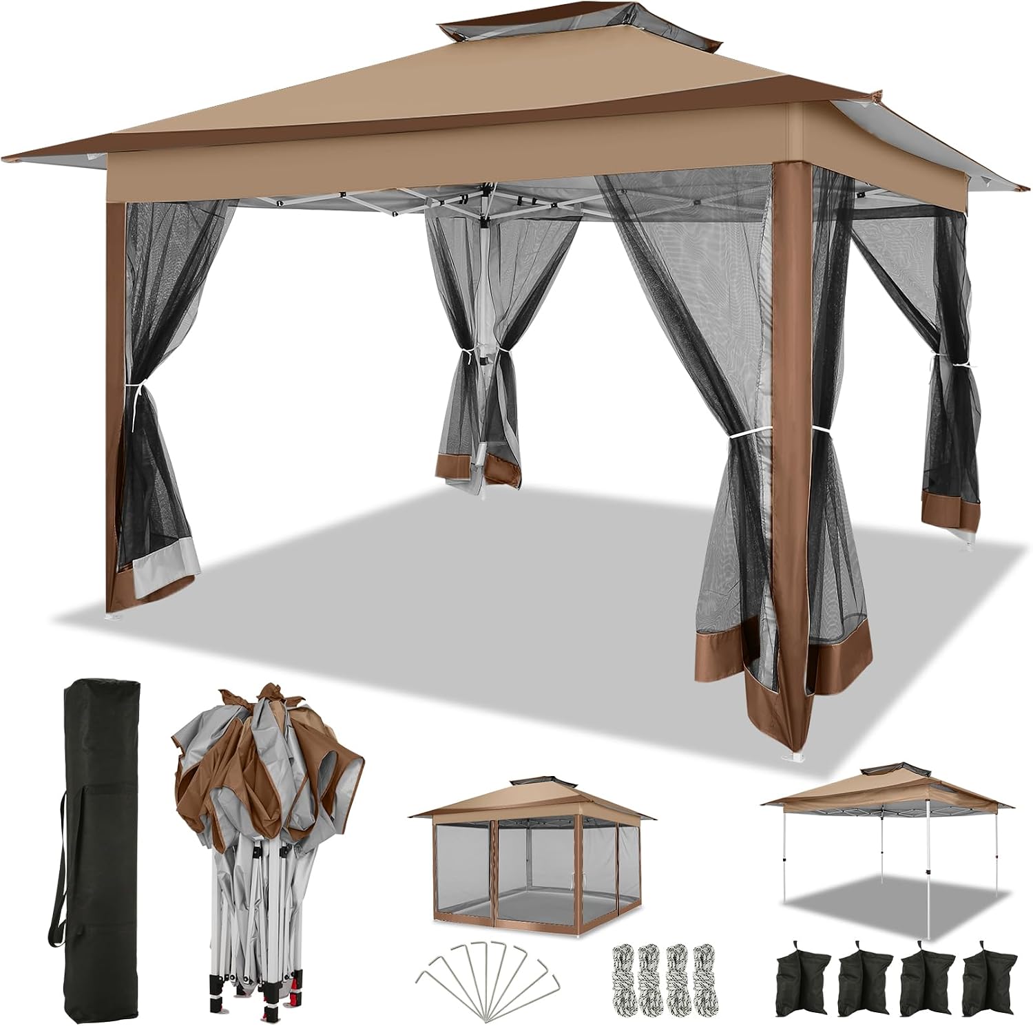 COBIZI 12x12 FT Pop up Gazebo on Clearance Canopy Tent, Carpas para Patio, Easy up Outdoor Canopy Tents with Portable Storage Bag for Backyard, Outdoor Waterproof Gazebos for Garden,Camping, Brown