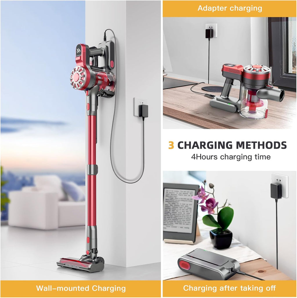 WLOTPO Lightweight Stick Vacuum Cordless Rechargeable with Power Suction, Up to 35 Mins Runtime, Hardwood Floor Vacuum for Pet Hair, Carpets, Tile(Gray Red)