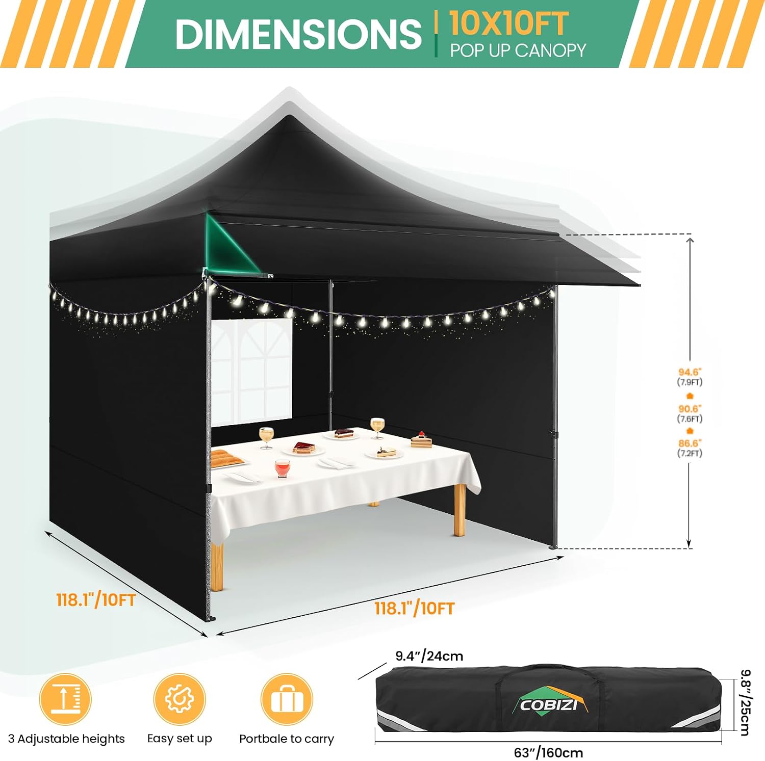 COBIZI 10x10 Pop Up Canopy Tent with Awning & Sidewalls, Heavy Duty Commercial 10X10 Canopy Tents Instant Waterproof, UPF 50+ Sun Shade for Outdoor, Parties, Markets (Black)