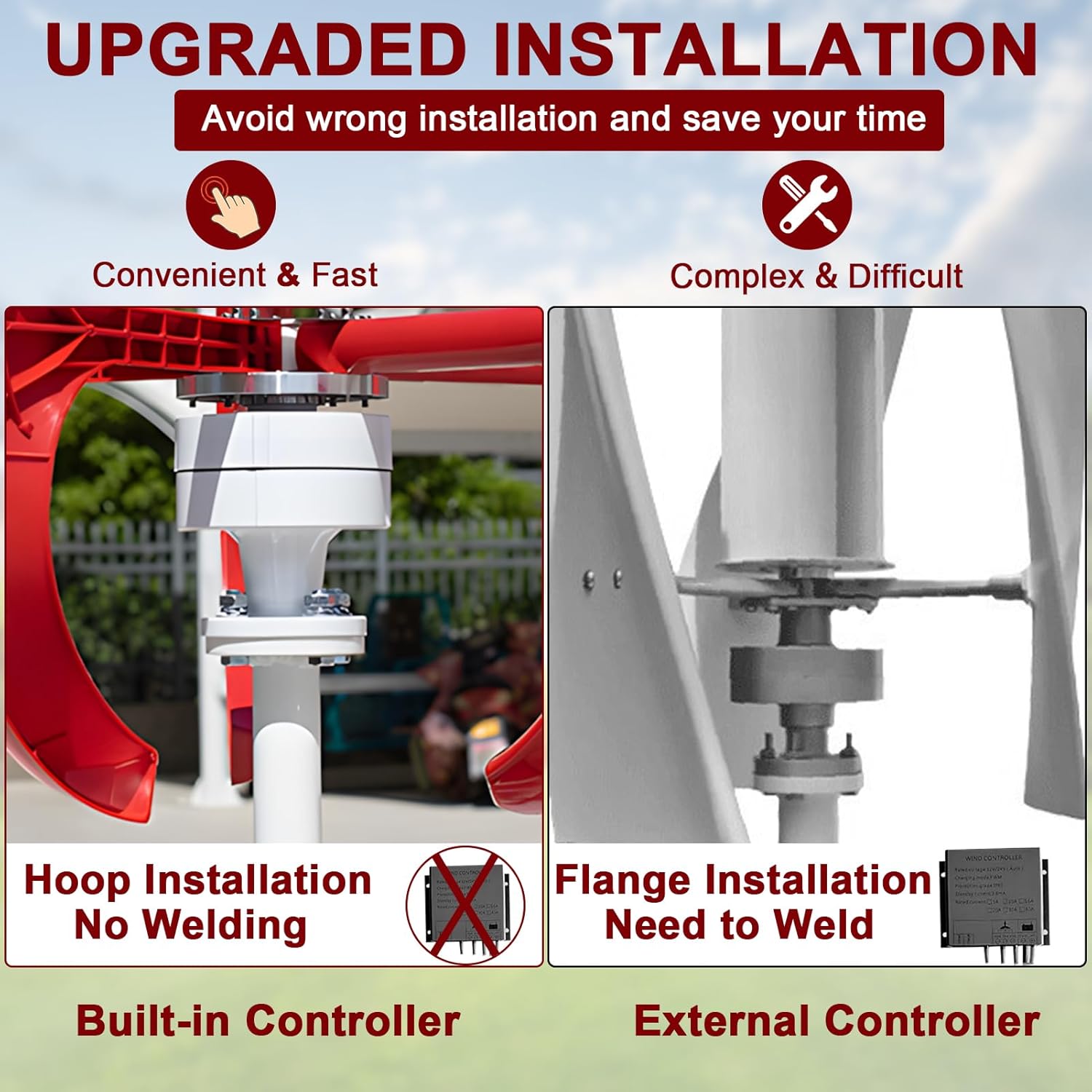 1000W Wind Turbines | 2V/24V Wind Turbines Generator | 5-Blade Lantern Wind Generator | Electromagnetic Electricity Producer Equipment Red | for Home Hybrids Streetlight Use,Electricity Equipment