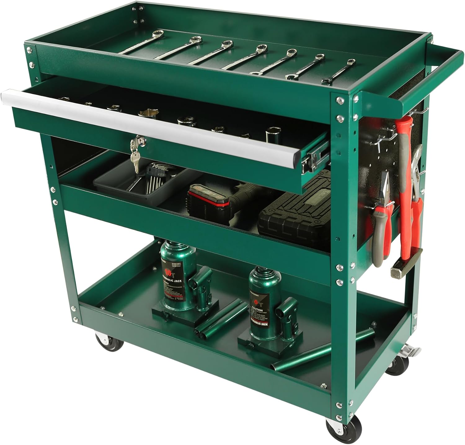 3 Tier Tool Cart Rolling Tool Chest on Wheels 1 Drawer Rolling Tool Box Organizer Removable Portable Tool Cabinet with Locking System for Garage Workshop Warehouse Repair Shop Green