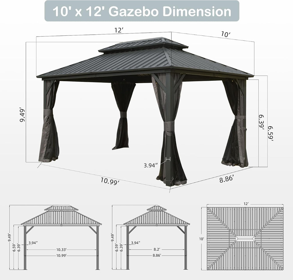 10' x 12' Hardtop Gazebo, Outdoor Aluminum Gazebo with Galvanized Steel Double Roof Canopy, Outdoor Permanent Metal Pavilion with Curtains and Netting for Patio, Backyard and Lawn, Dark Grey