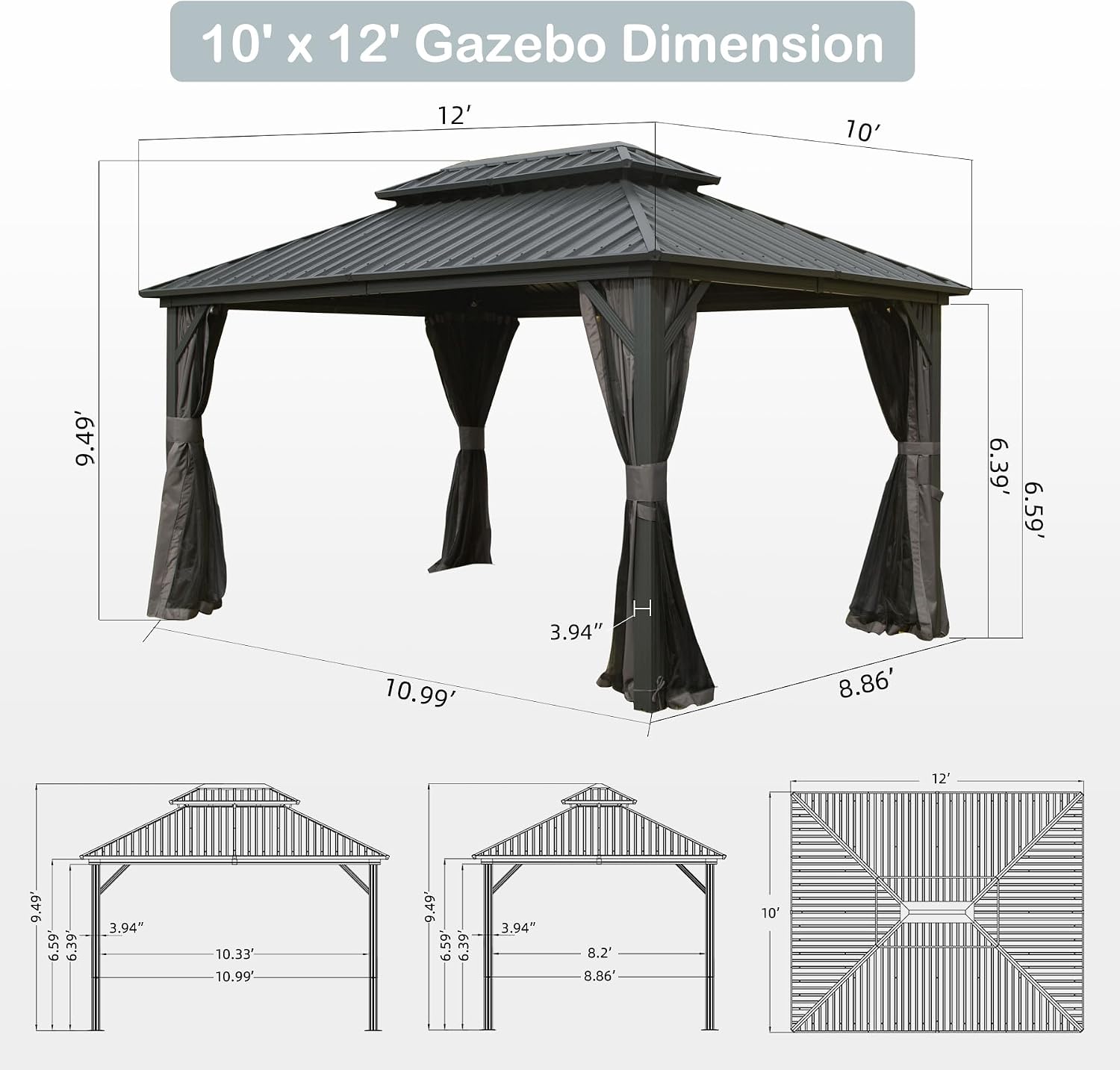 10' x 12' Hardtop Gazebo, Outdoor Aluminum Gazebo with Galvanized Steel Double Roof Canopy, Outdoor Permanent Metal Pavilion with Curtains and Netting for Patio, Backyard and Lawn, Dark Grey
