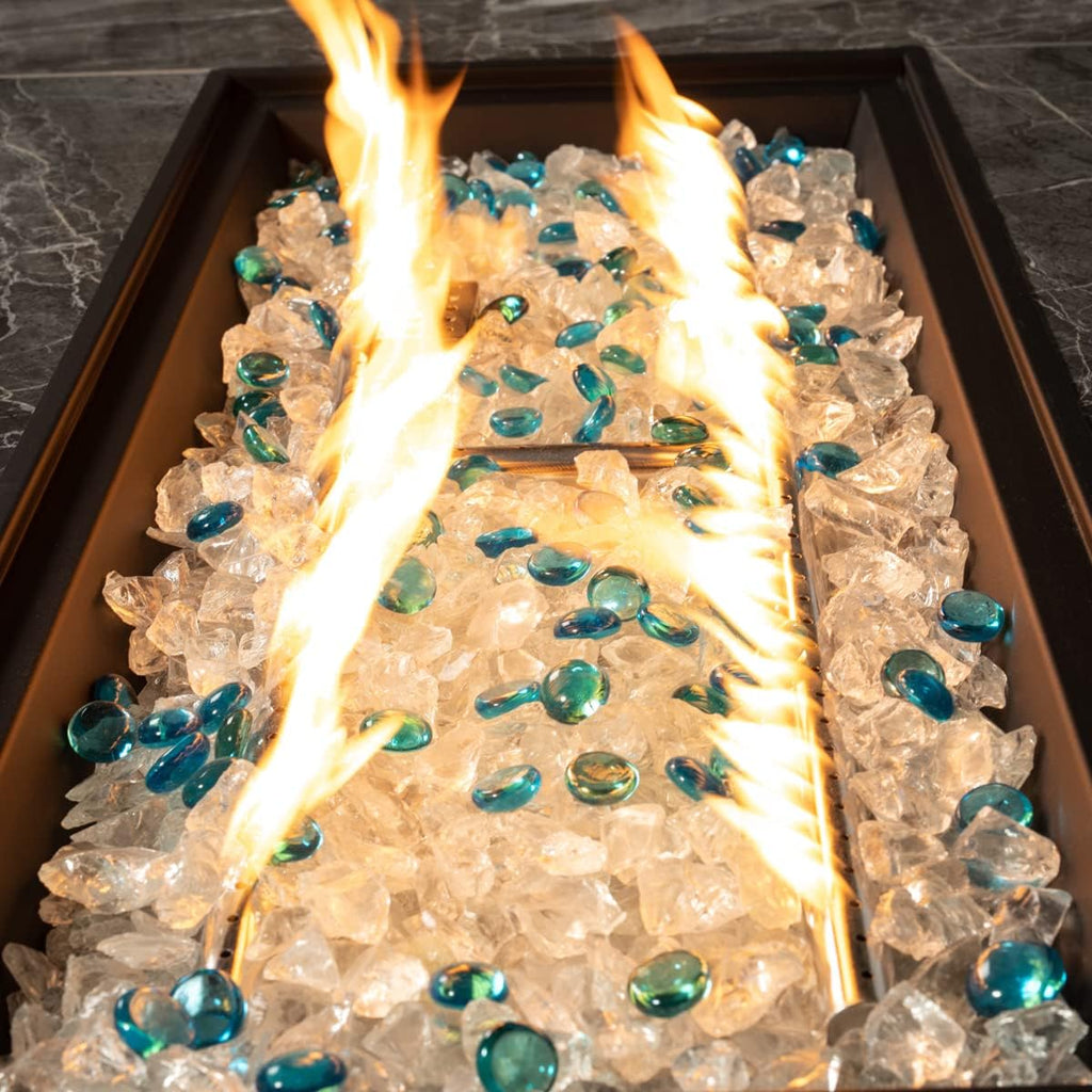 44in Outdoor Propane Gas Fire Pit Table, 50,000 BTU Auto-Ignition Gas Firepit with Glass Wind Guard, Marble Tile Tabletop, Mixed Color Glass Rocks, Brown PE Rattan