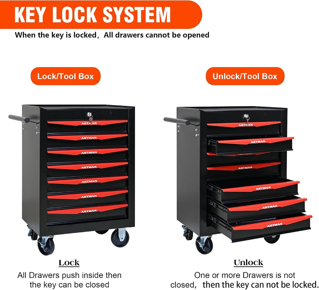 7 Drawers Tool Cart on Wheels, Multifunctional Rolling Tool Chest, Drawers Mobile Trolley Organizer Heavy Duty Tools Box with Locking Wheels & Ball Bearing Drawers (Black, 7 Drawers)