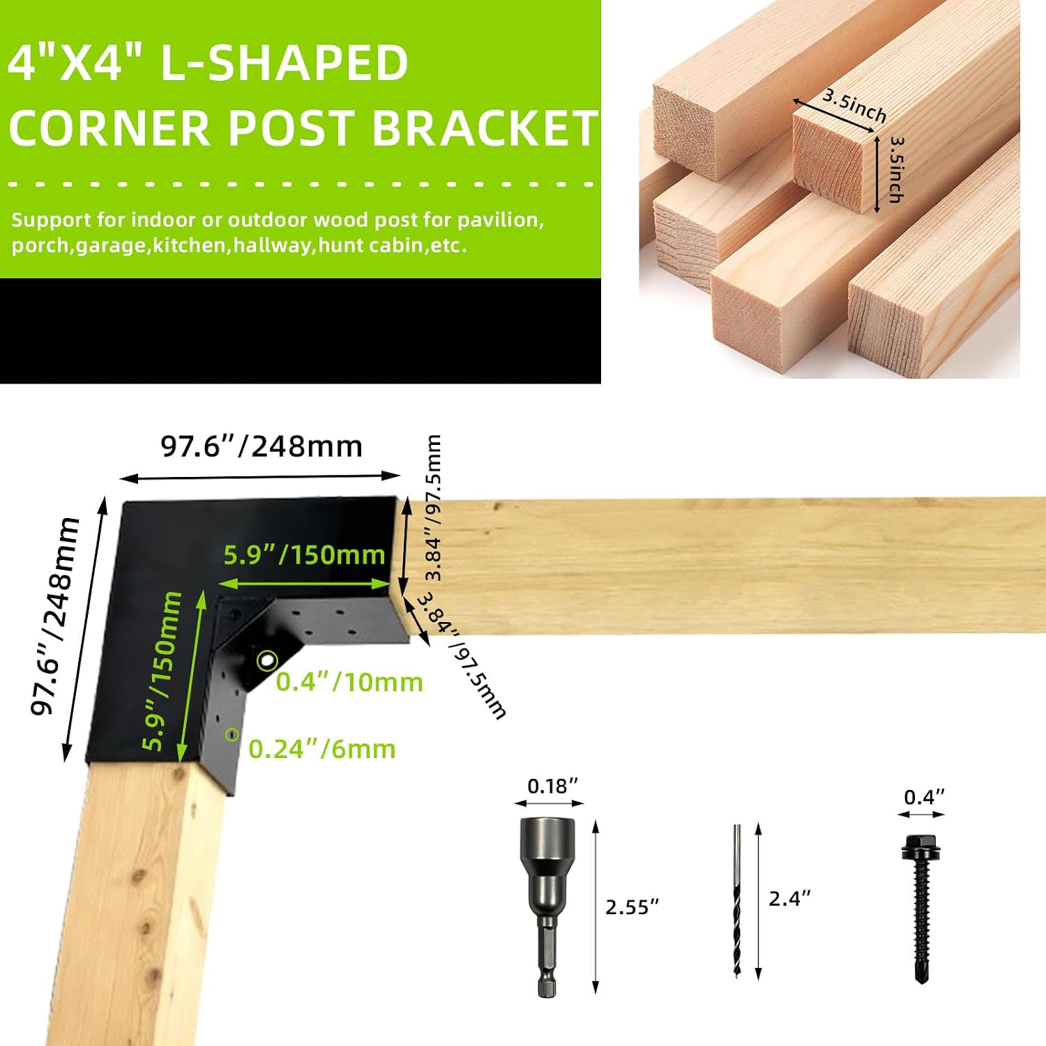 4'x4' L-Shaped Pergola Bracket,2-Way Woodwork Bracket for Indoor & Outdoor Wood Post Structures,DIY 90° Right Corner Brackets for Gazebos,Patios,Porchs,Log Cabins with Screws - 4Pack