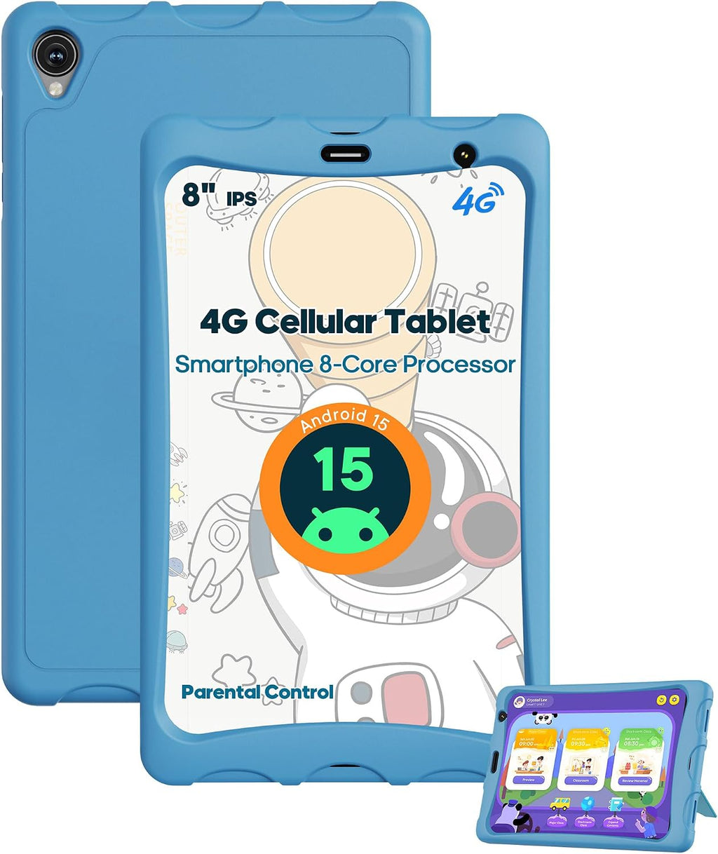 8-Inch 4G LTE Android Tablet with Kids-Proof Case – Unlocked Tablet with SIM Slot, 12GB RAM + 64GB Storage (Expandable to 2TB), MediaTek Octa-Core, IPS Display, Dual-Band Wi-Fi, 5100mAh Battery, Blue