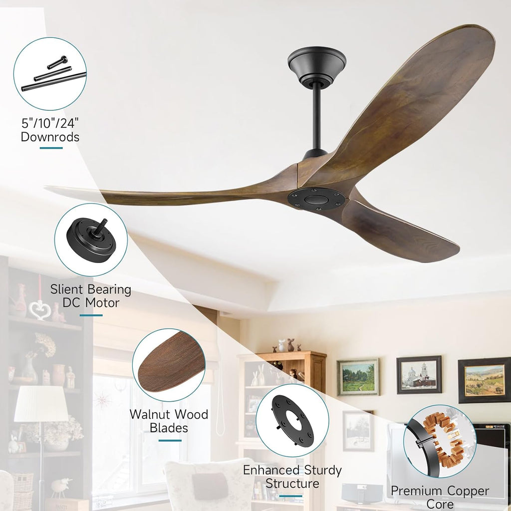 Wood Ceiling Fan without Light, 60 Inch Indoor Outdoor Ceiling Fan with Remote no Light, 3 Blade Large Airflow Propeller Fan for Farmhouse Patios Gazebo, Reversible DC Motor, 3 Downrods