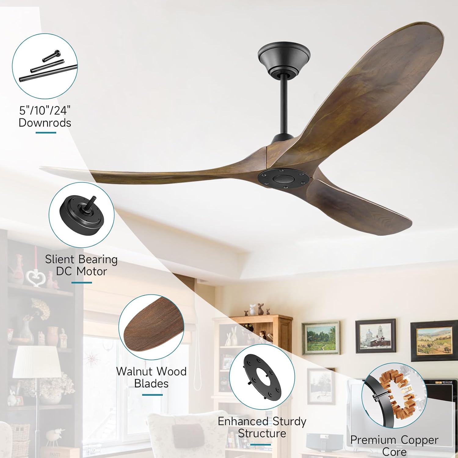 52 Inch Wood Ceiling Fan no Light, Indoor Outdoor Ceiling Fans for Patios without Lights with Remote, 3 Blades Walnut Ceiling Fan with Reversible DC Motor for Farmhouse Gazebo Porch Home