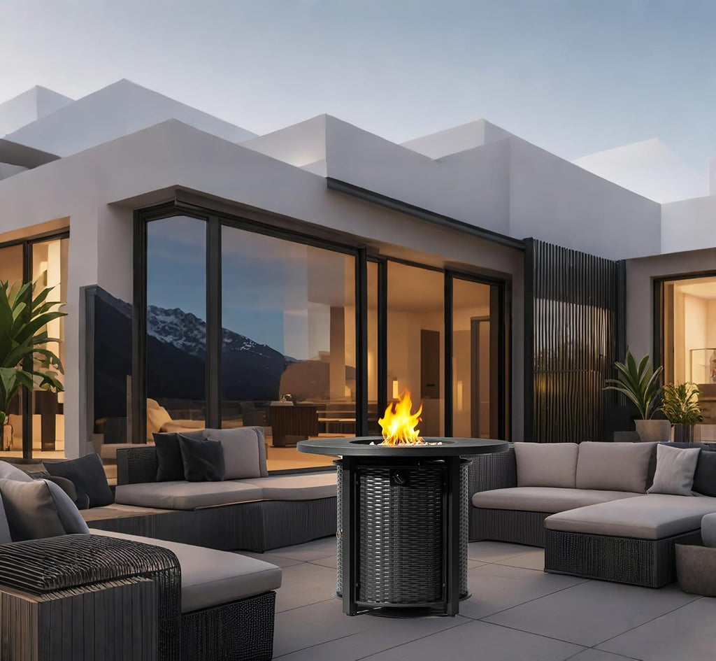 32'' Round Gas Fire Pit, 50,000 BTU Steel Outdoor Fire Tables, Fire Table with Lid, Add Warmth & Ambience to Gatherings and Parties On Patio Deck Garden Backyard, Black.