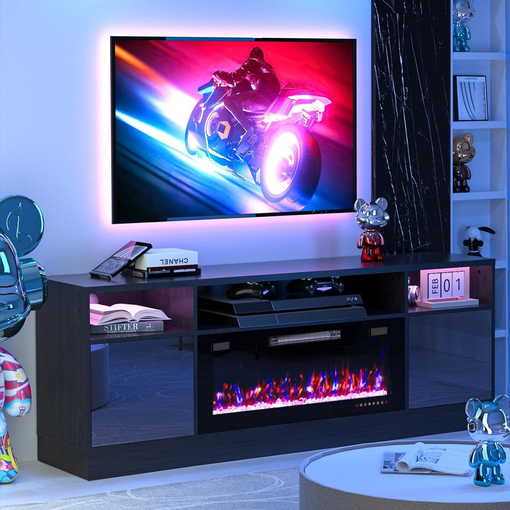 70' Fireplace TV Stand for TVs Up to 80', LED Light Media Console with 36' Electric Heater, Storage Cabinet, Black Entertainment Center for Living Room