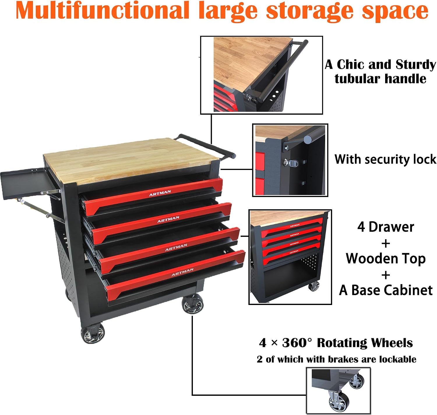 4 Drawers Tool Chest on Wheels,Tool Storage Cart with Wooden Top,Drawers Rolling Tool Box Organizer Tool Case with Lock for Garage,Warehouse,Workshop,Repair Shop (4 Drawers-35.4'H-Black&Red)