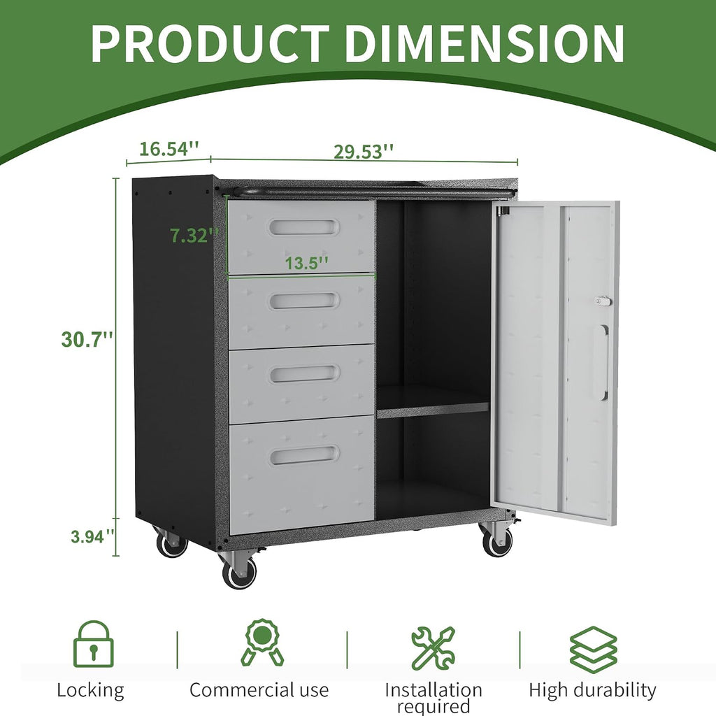 Metal Mobile Tool Storage Cabinet with Wheels,Heavy Duty Rolling Tool Cabinets for Garage,Metal Storage Cabinets with 4 Drawer and 1 Locking Doors,Assembly Required