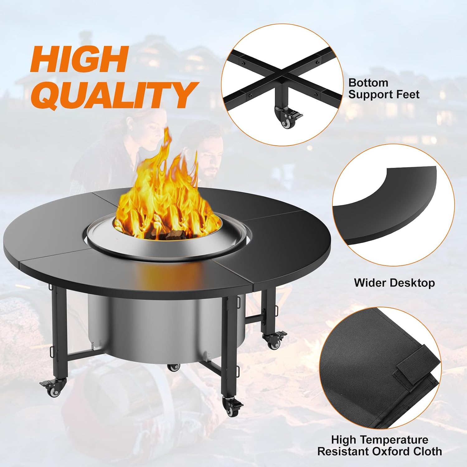 Fire Pit Surround Tabletop for Solo Stove Bonfire,Foldable Surround Table with Wheels for Safety & Easy Clean,42' Powder-Coated Steel Wood Burning Stove Surround Table Top,Accessories for Solo Stove