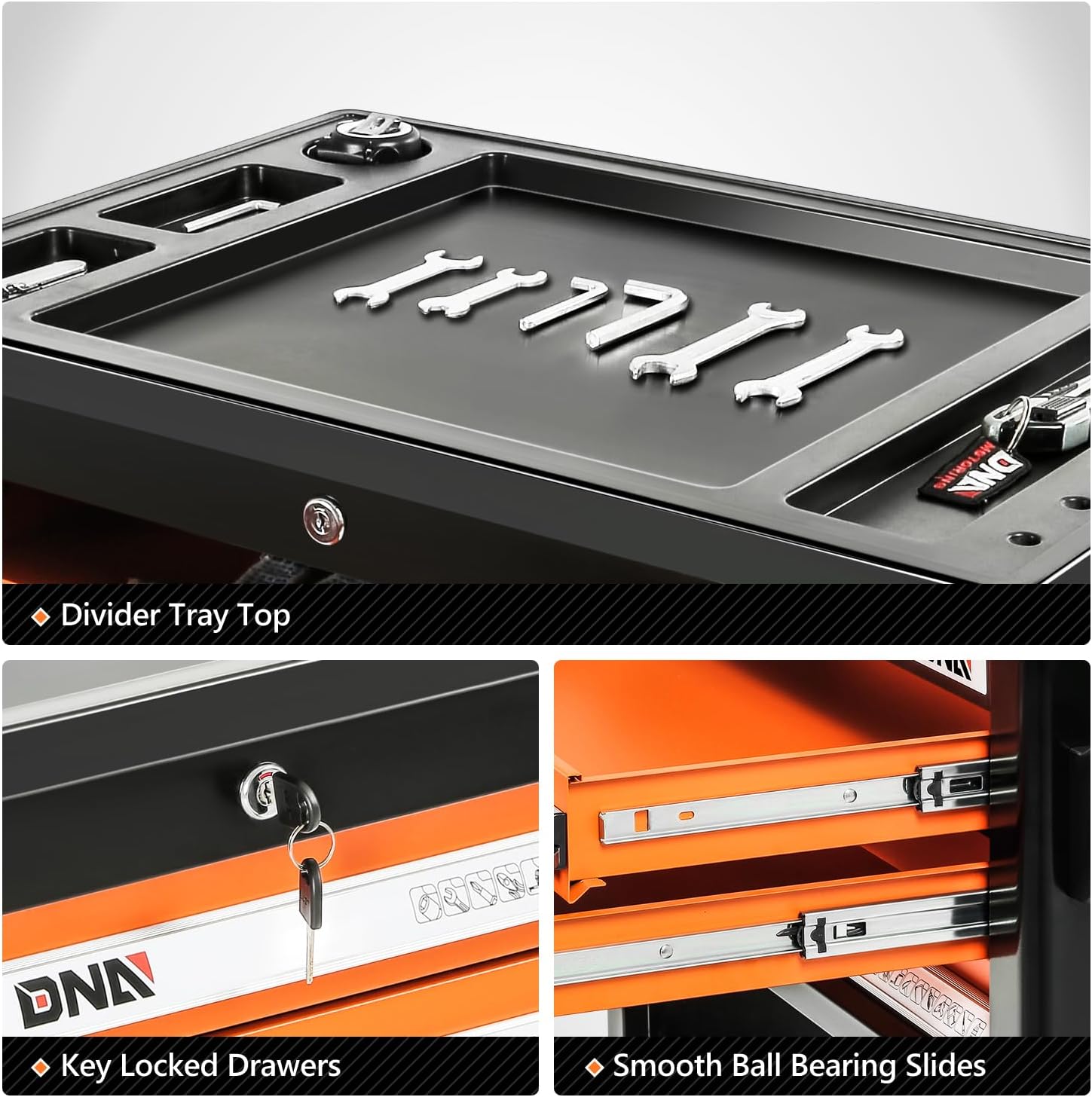 DNA Motoring 3-Drawer Rolling Tools Chest, Rolling Tool Storage Cabinet, Heavy Duty Mechanic Tool Cart, Trolley Organizer for Garage, Warehouse, Workshop, Black/Orange, TOOLS-00404