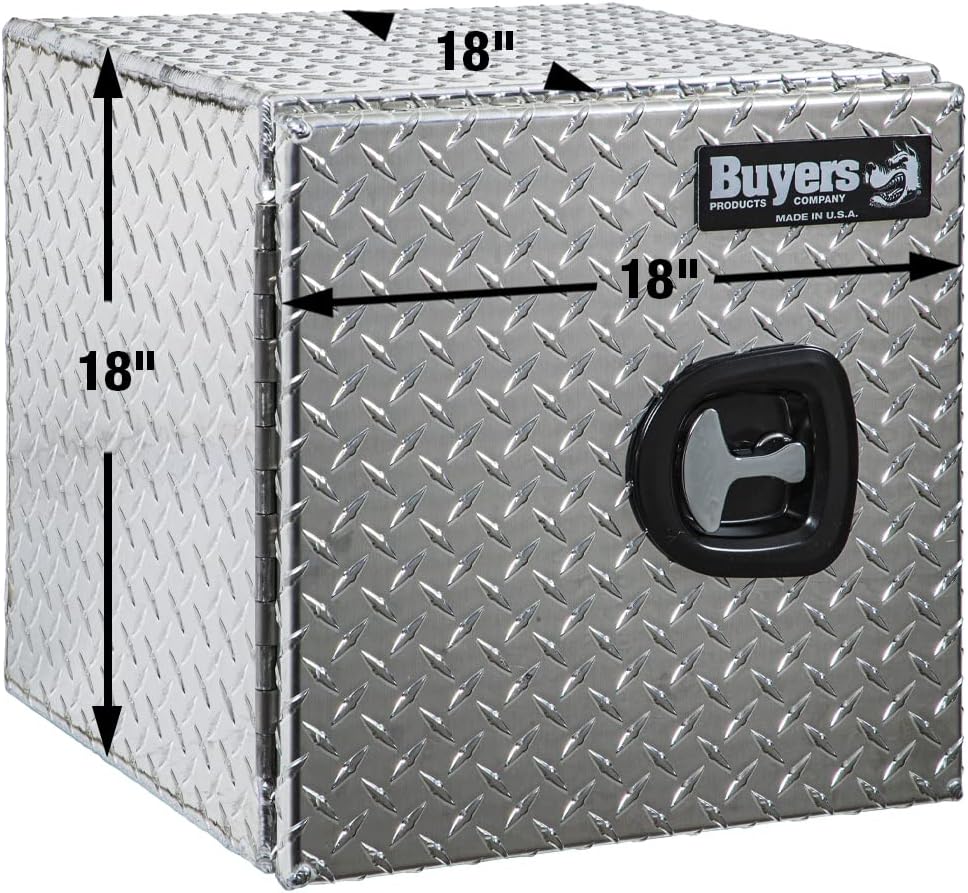 Buyers Products 1705201 Aluminum Underbody Truck Box, 18 x 18 x 18 Inch, Silver Diamond Tread Truck Tool Box W/ Locking Barn Door Closure, Made in the USA, Vehicle Tool Box for Storage & Organization