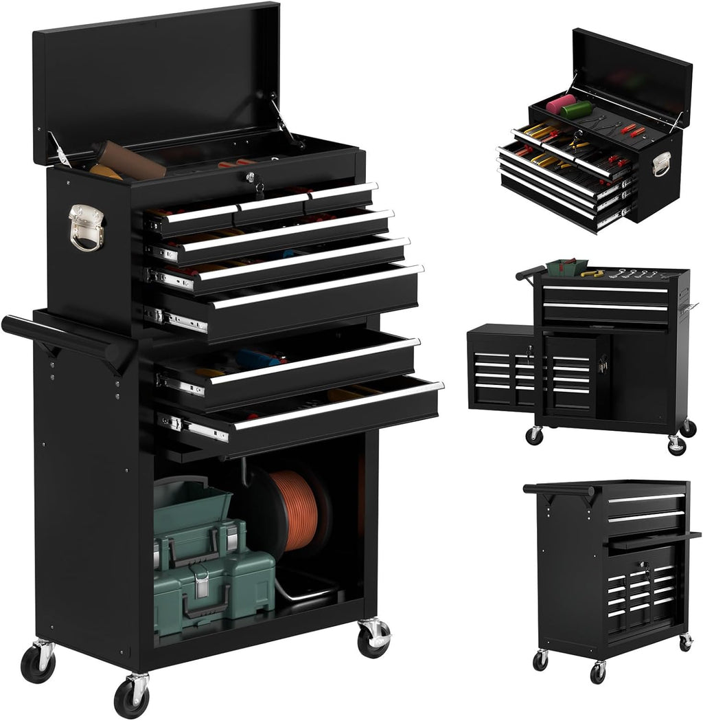 8-Drawer Rolling Tool Chest with Wheels, 2-in-1 Detachable Tool Box with Drawers and Large Cabinet, Rolling Tool Chest Storage Cabinet with Lockable for Warehouse, Garage, Workshop (Black)