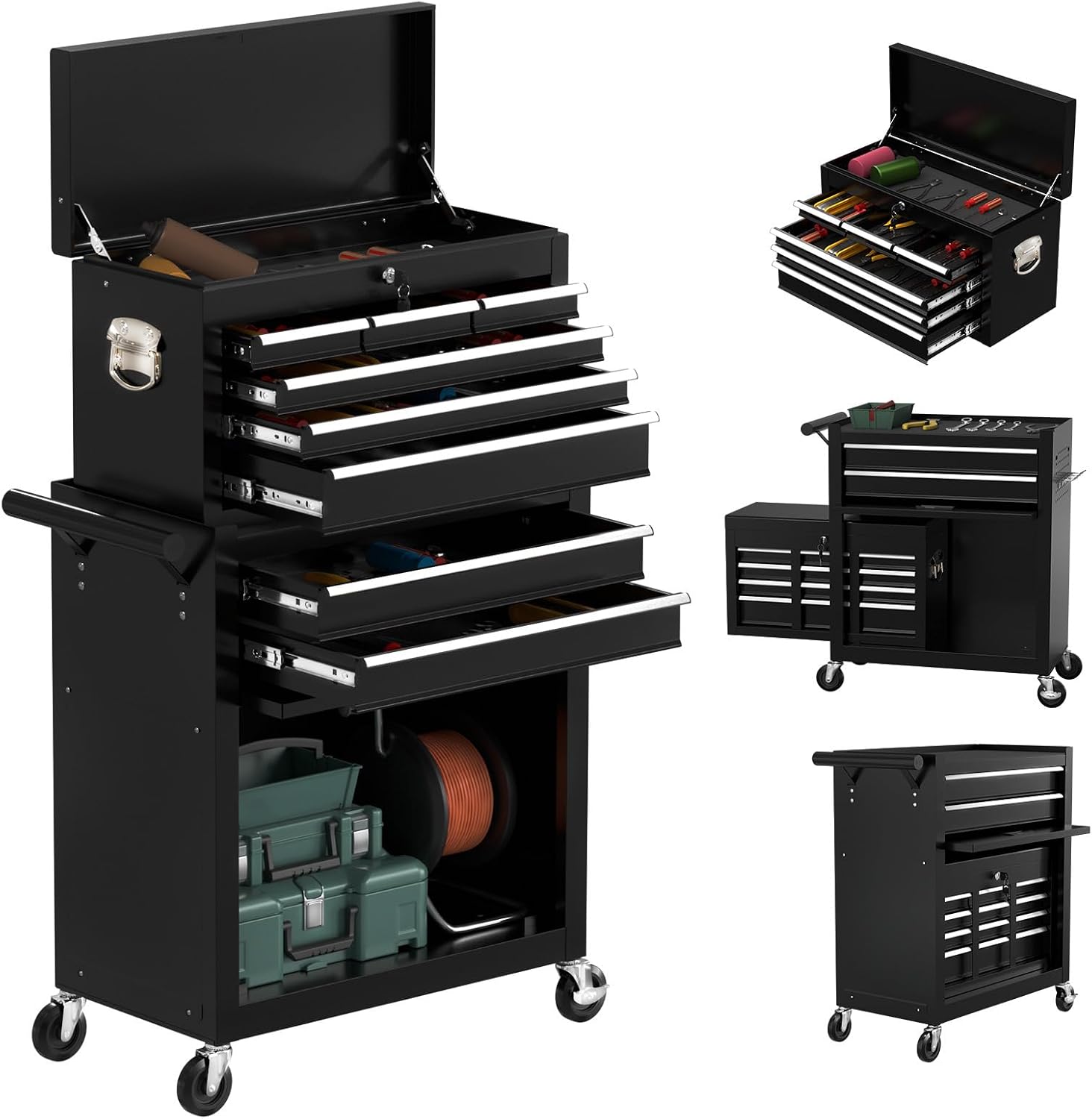 8-Drawer Rolling Tool Chest with Wheels, 2-in-1 Detachable Tool Box with Drawers and Large Cabinet, Rolling Tool Chest Storage Cabinet with Lockable for Warehouse, Garage, Workshop (Black)