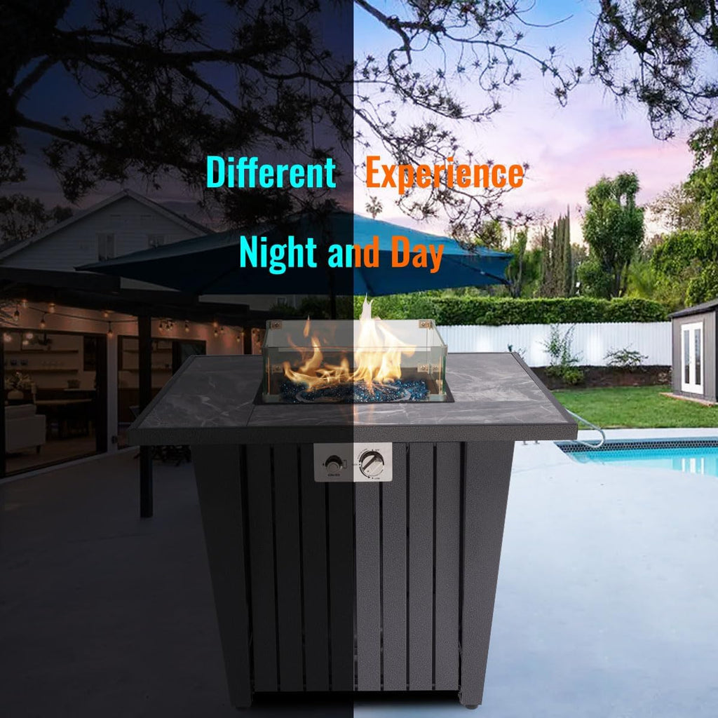 32'' Propane Fire Pit Table, Marble Tile Ceramic Tabletop with Glass Wind Guard, 50,000 BTU Fire Table with Inclined Leg and Art Powder Design, Blue Glass Rocks, Including Lid&Cover, Grey